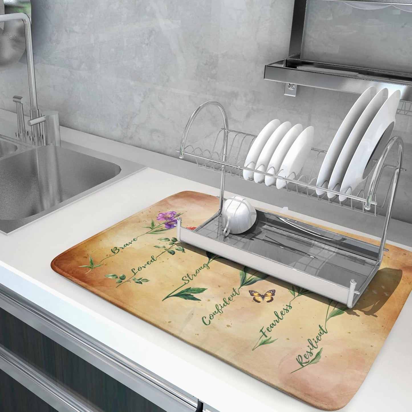 Inspirational Flower Dish Drying Mat - Rustic Vintage Floral Kitchen Absorbent Dish Dryer Mat for Women