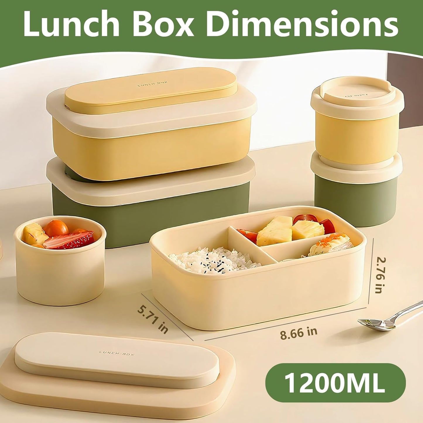 Silicone Bento Box Lunch Box for Adults, Lunch Food Container with 3 Compartment, BPA-Free and Leakproof, Microwave & Dishwasher Safe (Yellow)