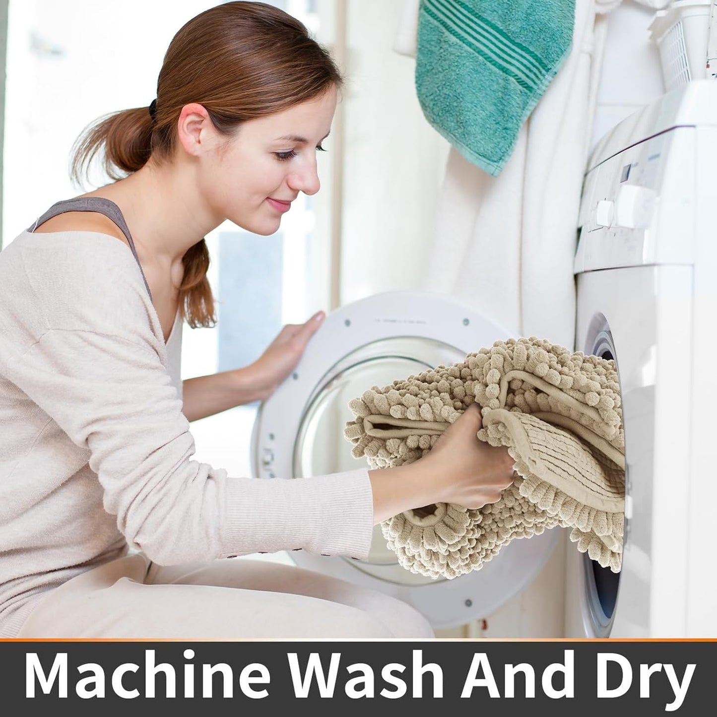 Yimobra Toilet Rug U Shaped Washable 24x20 Inch - Ultra Soft Absorbent Chenille Bath Rugs for Toilet, Quick Dry & Machine Washable, Non Slip Contour Bathroom Mat, Pale Khaki