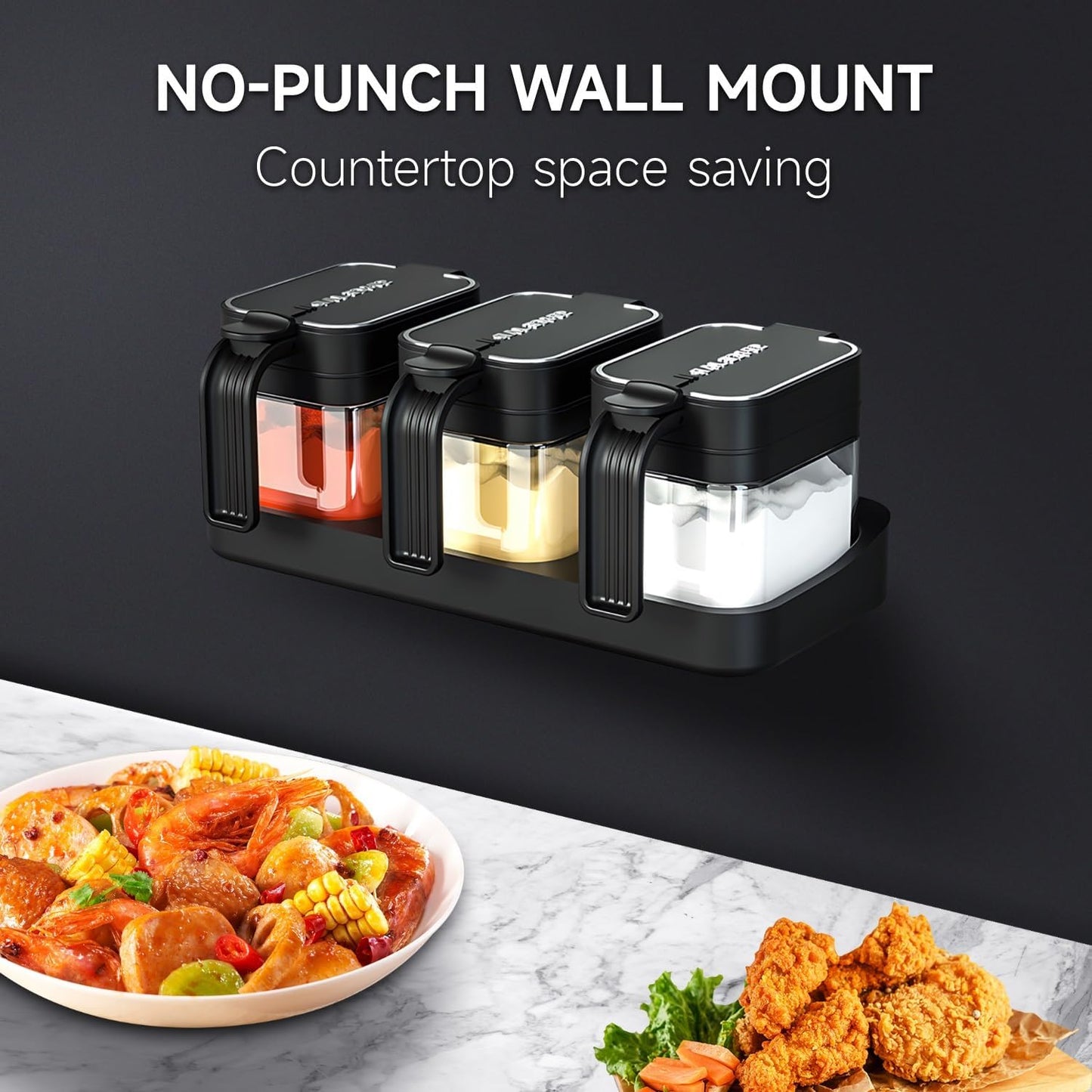 Mlici Seasoning Containers with Lid and Spoon, Set of 3 Glass Salt and Sugar Container, 13.52 Ounce Wall Mounted Condiment Jar Spice Box Set with Base for Hone Kitchen Countertop