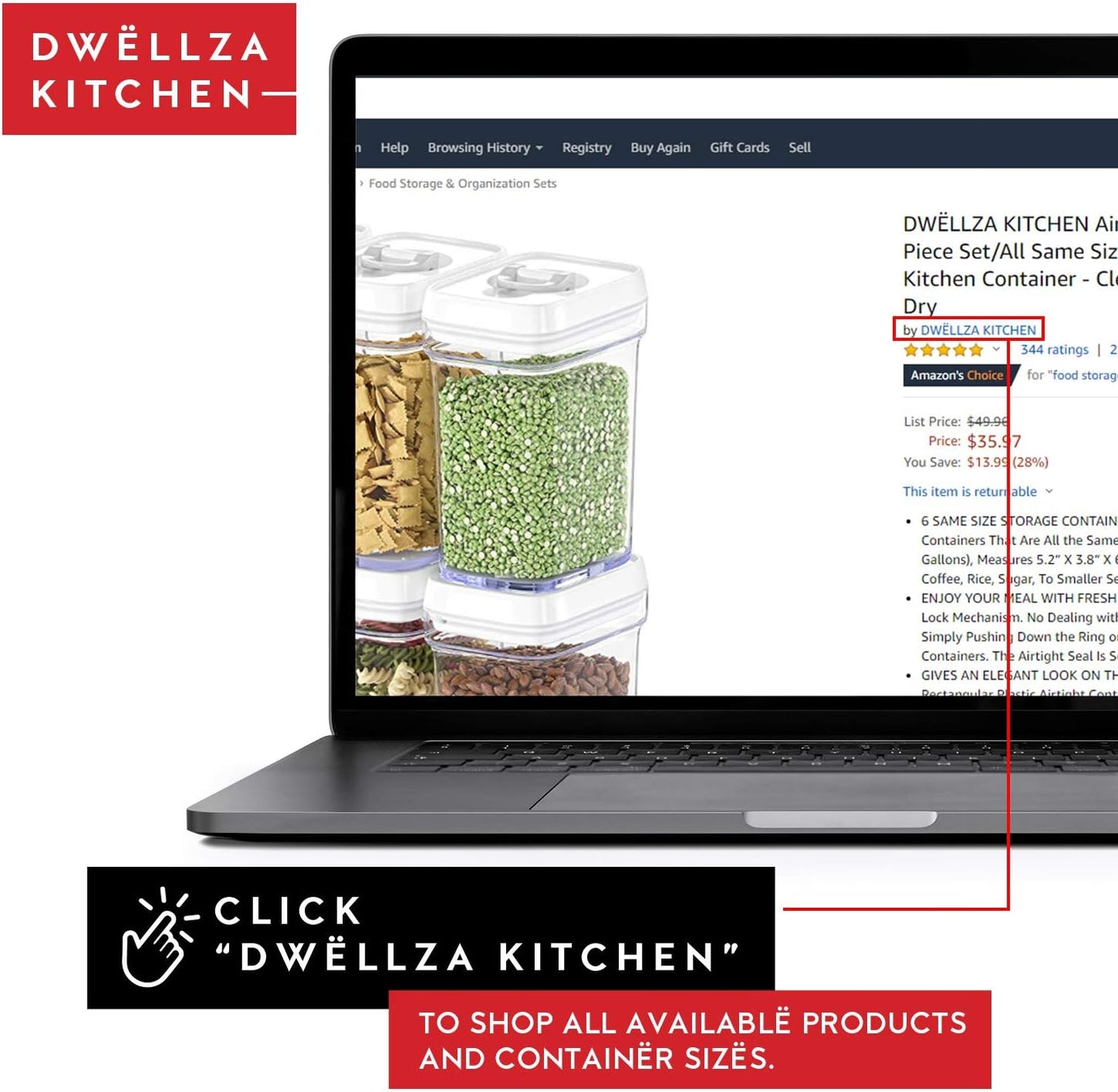 DWËLLZA KITCHEN Airtight Food Storage Containers – 4 Piece set Air Tight Pantry Storage Containers Clear Kitchen Organization and Storage Set BPA-Free - Keeps your Food Fresh & Dry
