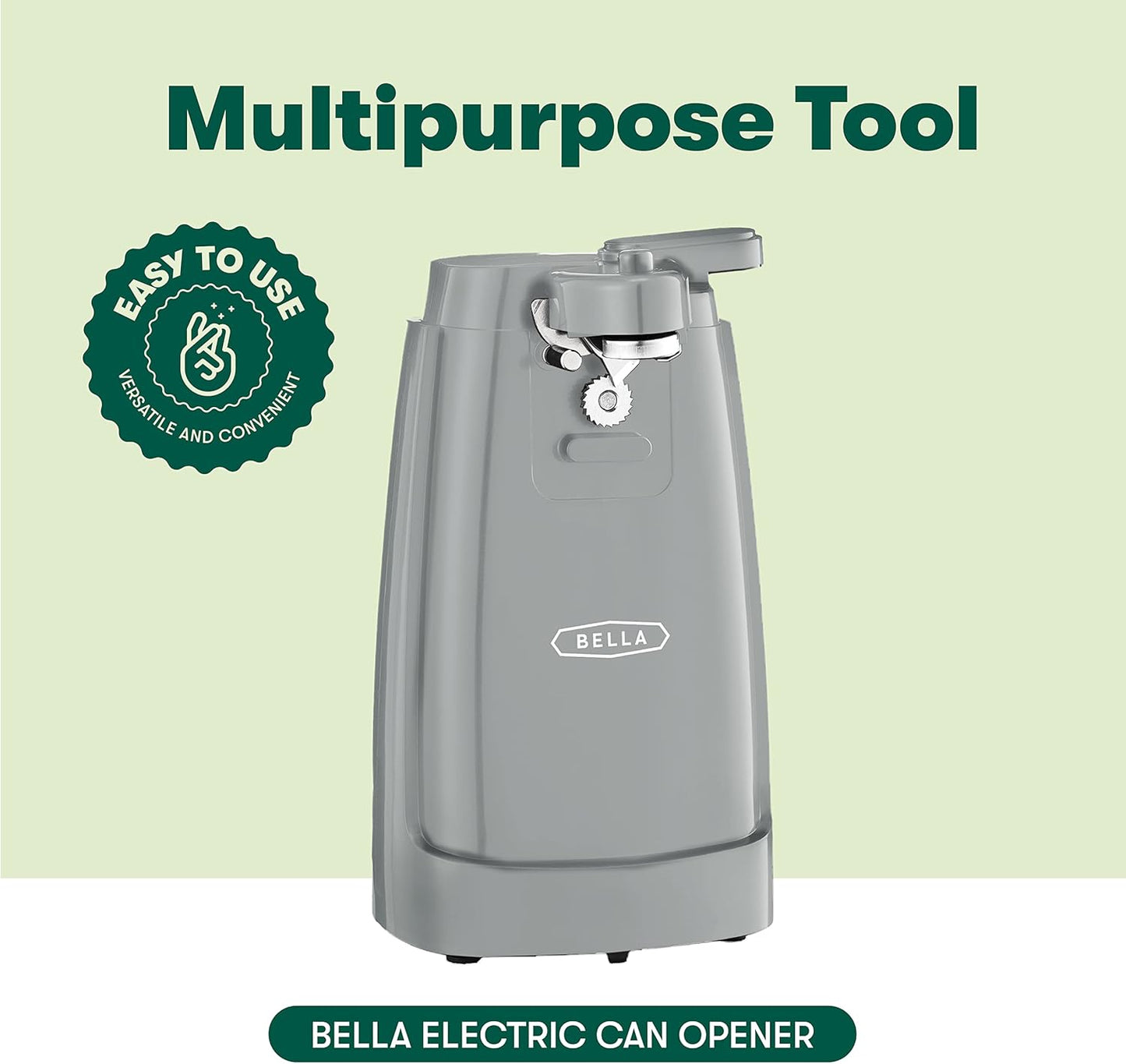 BELLA Electric Can Opener and Knife Sharpener, Multifunctional Jar and Bottle Opener with Removable Cutting Lever and Cord Storage, Stainless Steel Blade, Gray