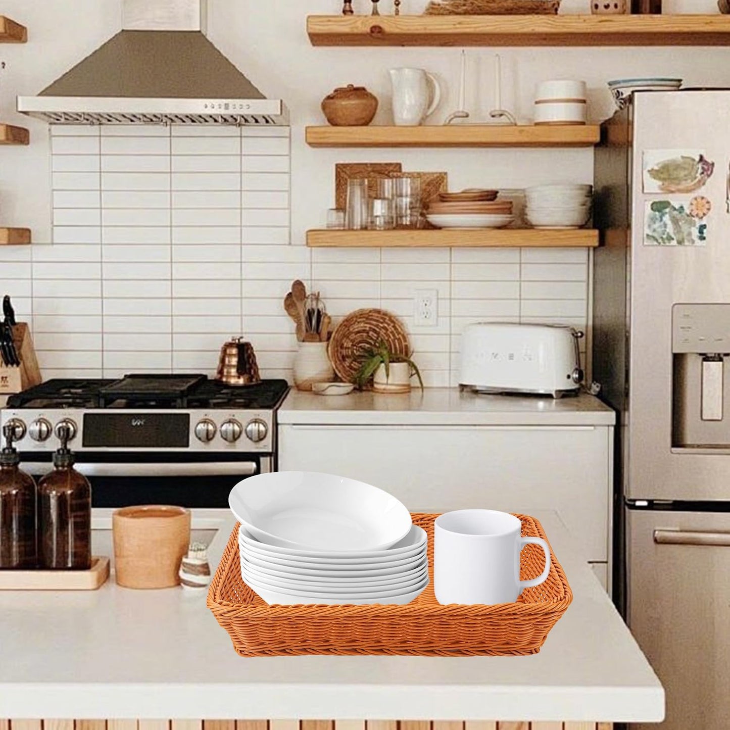 6 Pack 16 Inch Brown Wicker Bread Basket, Handmade Woven Organizer, Rectangular Fruit Baskets, Snack Basket Food Serving Baskets for Dining Table, Candies, Crackers, Fruit, Vegetables