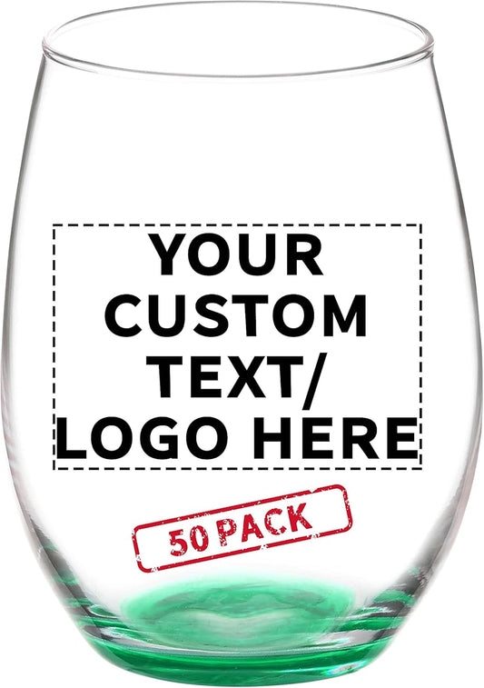 DISCOUNT PROMOS 50 ARC Stemless Wine Glasses Set, 21 oz. - Customizable Text, Logo - Chardonnay, Cabernet, Merlot, Sauvignon - Green