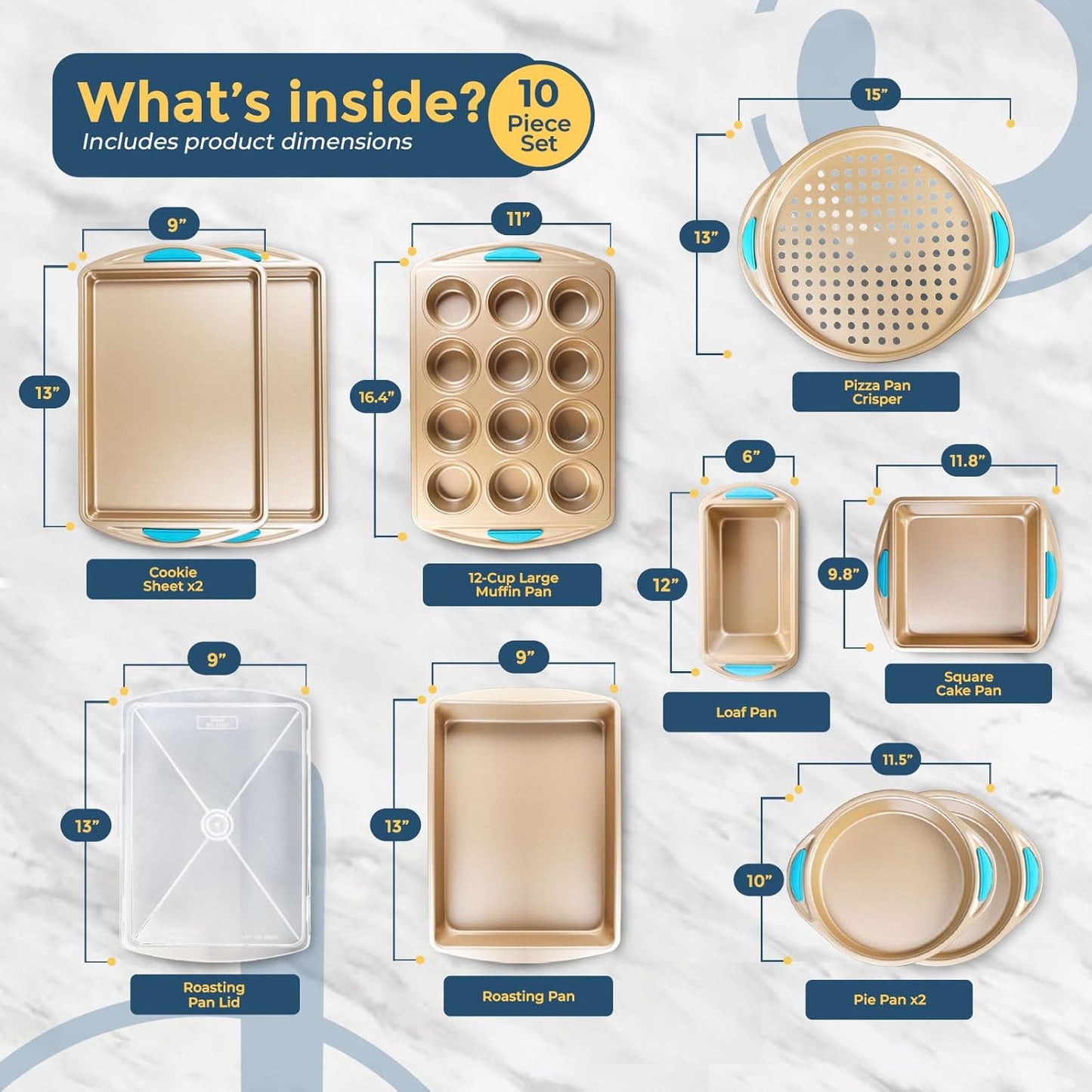 Perlli Baking Kit: Nonstick Gold Steel Oven Set - 10 Pieces, Cookie Sheets, Cake Pans, 9x13Pan with Lid, Loaf & Deep Pans, Pizza Crisper, Muffin Pan - Silicone Handles