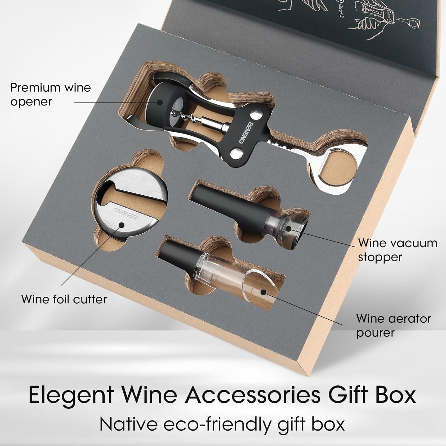 Beneno Multifunctional Wine Bottle Opener Gift Set - Wing Corkscrew, Foil Cutter, Vacuum Stopper & Aerator Pourer, Perfect for Wine Lovers Man Woman, Black Set