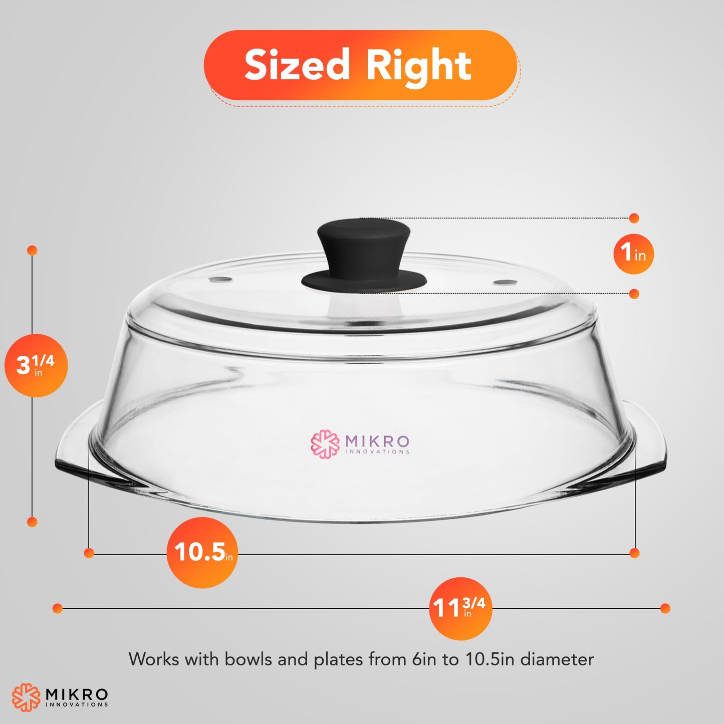 10.5" Tall Glass Microwave Splatter Cover - Sturdy Food-Safe Glass with Easy-Grip Silicone Handle