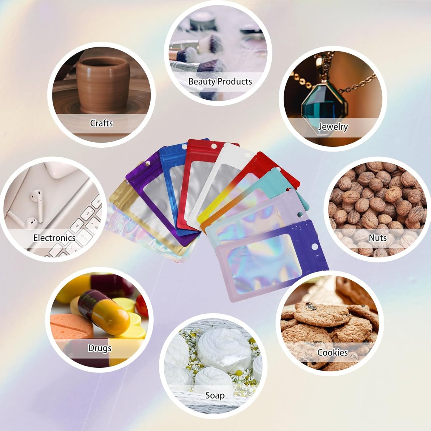 200 Pack Resealable Mylar Holographic Bags Food Storage Smell Proof Bags with Front Window Foil Packaging Pouch for Candy Sample Jewelry Small Business 4.13×5.91 Inch, Purple