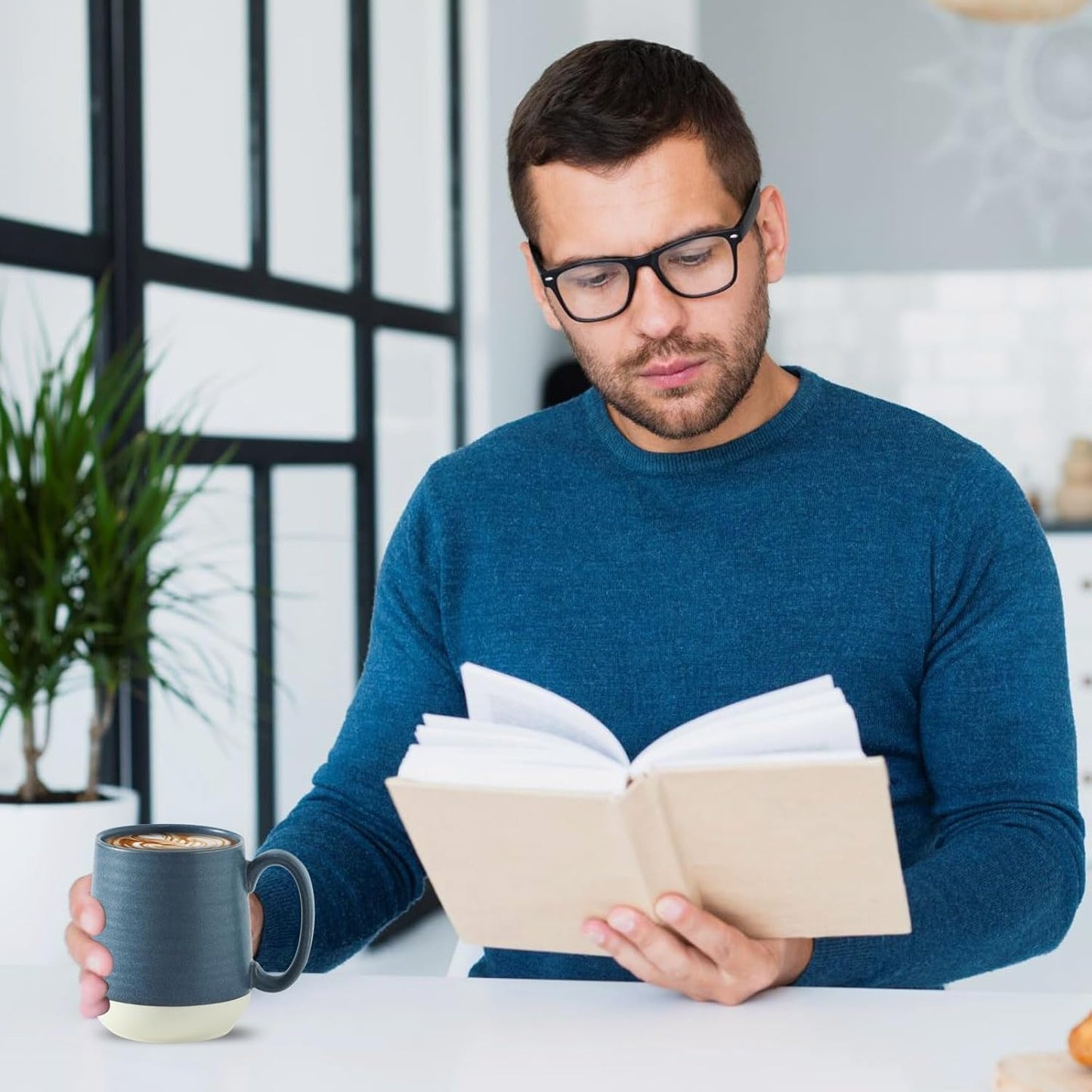 Hasense Coffee Cups Ceramic, Coffee Mugs with Handles Set of 4, 15 oz Tea Cups for Home and Office, Stylish Colorblocking Mugs for Coffee, Tea, Latte, Hot Chocolate, Christmas Cups Gift, Deep Blue