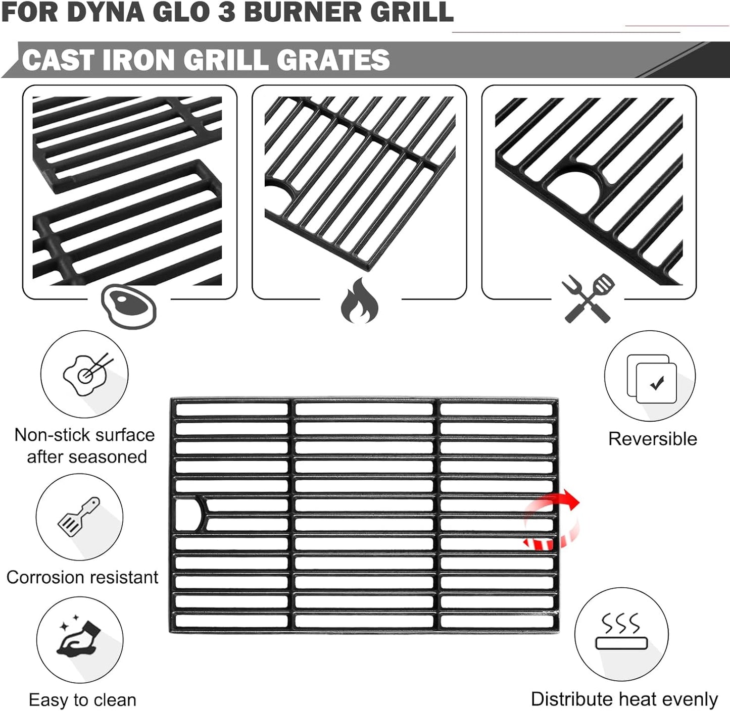 DGB390SNP-D Grill Grates Parts for Dyna Glo Grill Replacement Parts DGB390SNP DGB390BNP-D Cooking Grates Dyna Glo 3 Burner Gas Grill Parts 104-13002 Grill Grates DGB390CNP Cast Iron Grid Grate 17.6 in