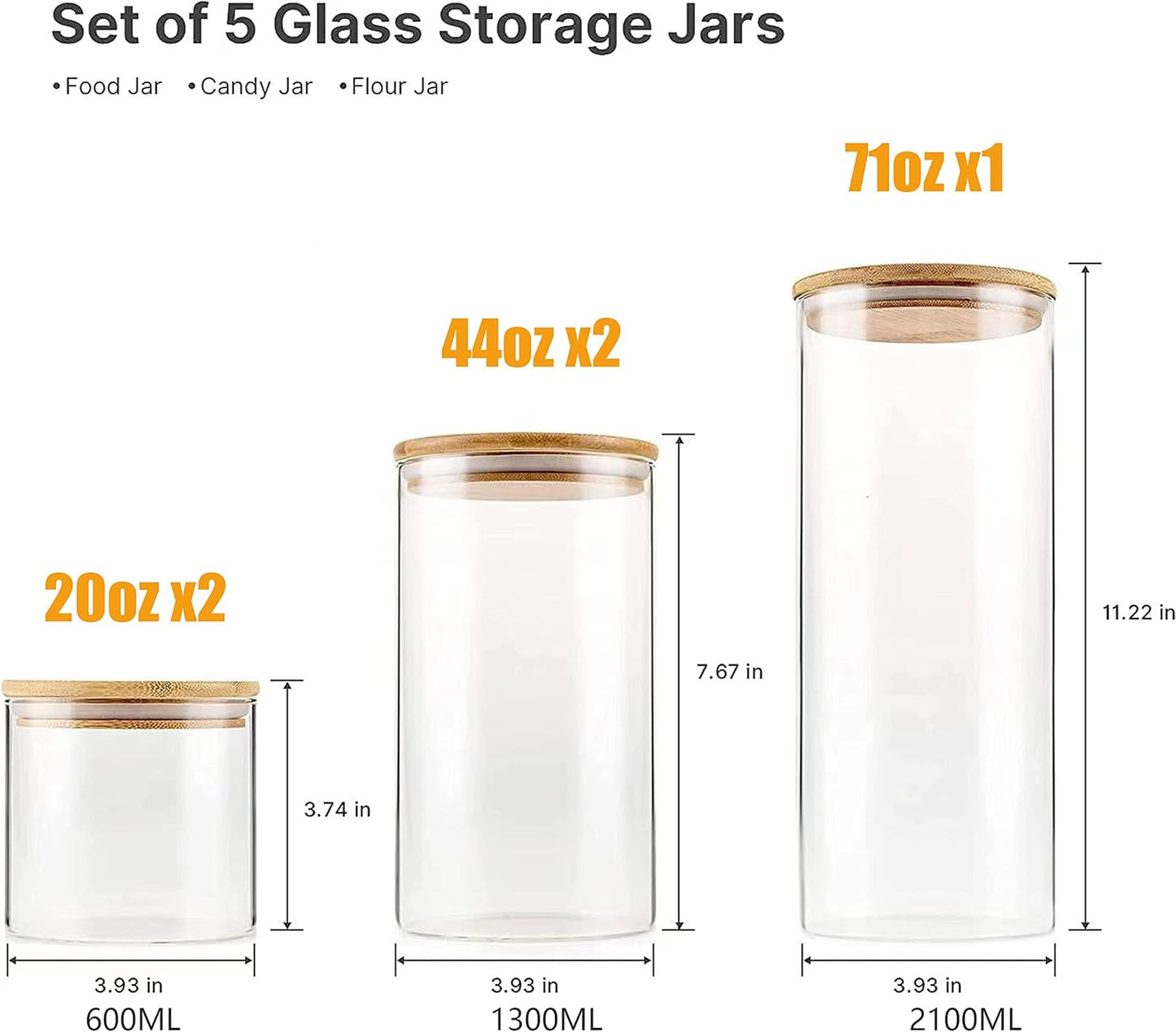 YUNCANG Glass Storage Jars [Set of 5],Clear Glass Food Storage Containers with Airtight Bamboo Lid Stackable Kitchen Canisters for Candy,Cookie,Rice,Sugar,Flour,Pasta,Nuts and Spice Jars