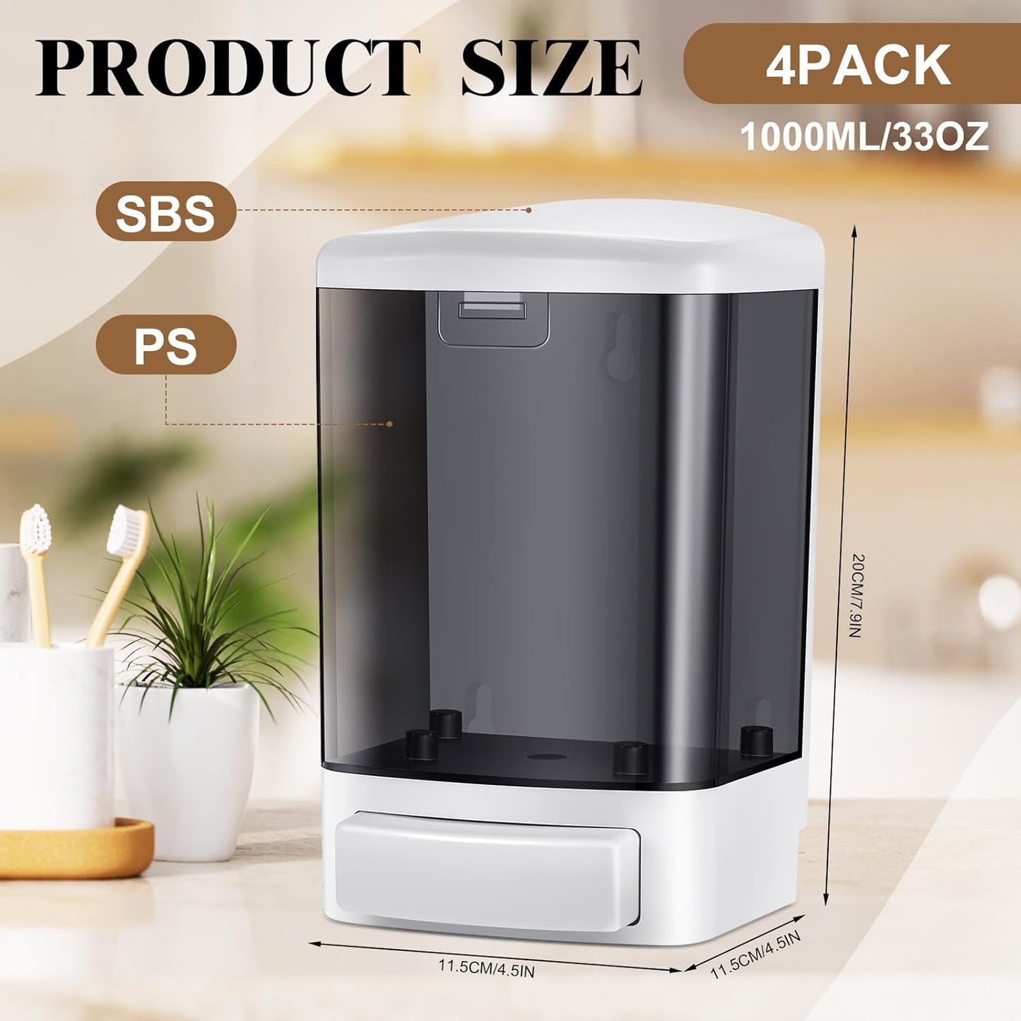 Hushee 4 Pcs Plastic Wall Mounted Soap Dispenser Commercial Manual Soap Containers Wall Dispenser for Kitchen Shower Hotel Liquid Shampoo Gel Chamber(33.8 oz 1000 ml,Black)