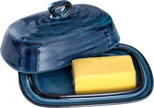 Hasense Porcelain Butter Dish with Lid, Covered Butter Container with Handle Design for Countertop, Blue
