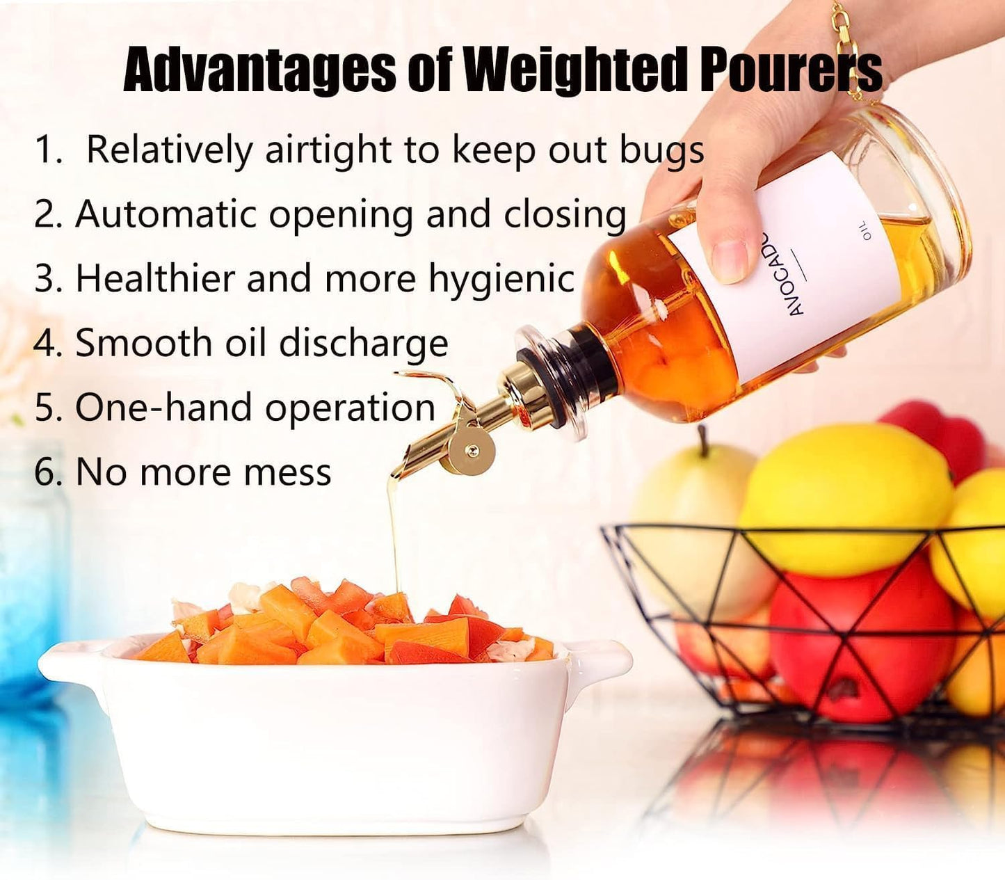 Pafusen 6 Pack Auto Flip Olive Oil Dispenser, Liquor Pour Spout, Oil Dispenser for Kitchen, Easily Turn Your Bottles into Dispensers for Liquor, Coffee Syrup or Oils, Weighted Pourer, Rose Gold