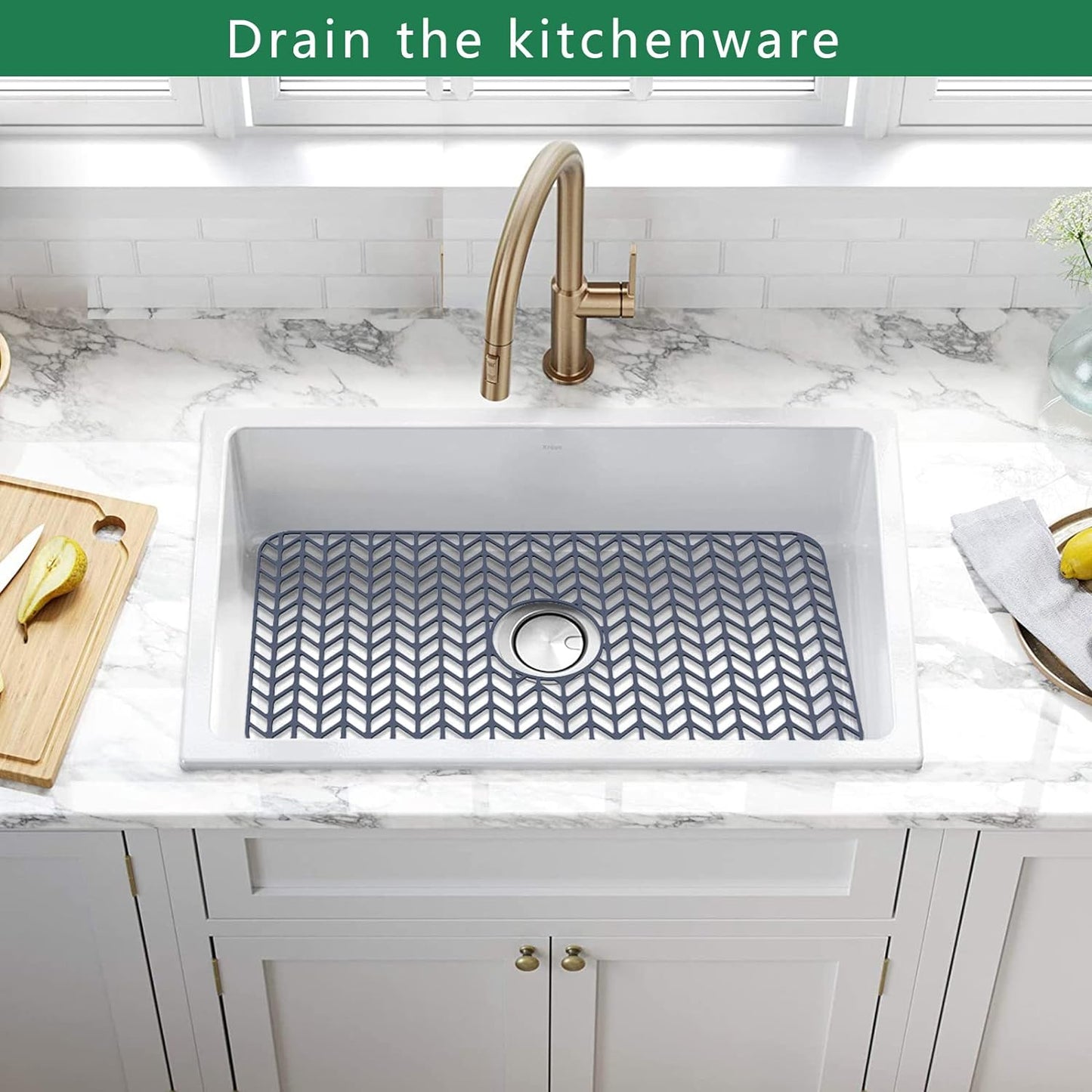 Silicone Protectors for Kitchen Sink, GUUKIN 26''x 14'' Sink Mat Grid for Bottom of Farmhouse Stainless Steel Porcelain with Center Drain (Grey)