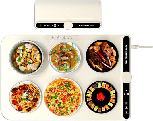 Food Warming Mat, Warming Tray, with 9 Level Adjustable Temperature and 6 Hours Timer Warming Mat for Food for Parties Buffet Gatherings,Parties,Everyday Use (Beige, 6 Dishes)