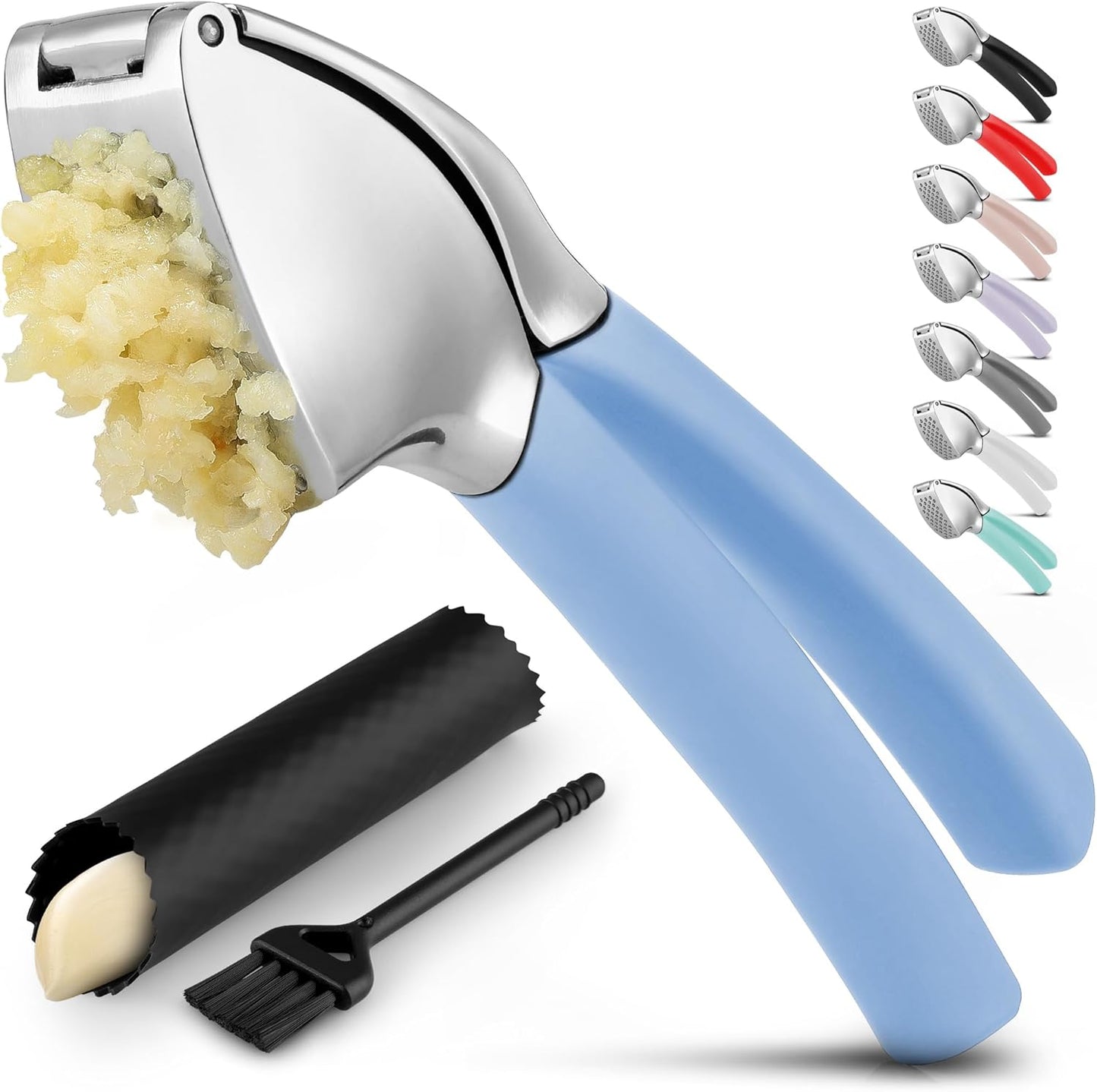 Zulay Kitchen Comfort Grip Garlic Press - Garlic Mincer Tool - Garlic Crusher - Garlic Press Mincer Rust Proof, with Soft Ergonomic Handle, Easy Clean Set with Peeler and Brush - Baby Blue