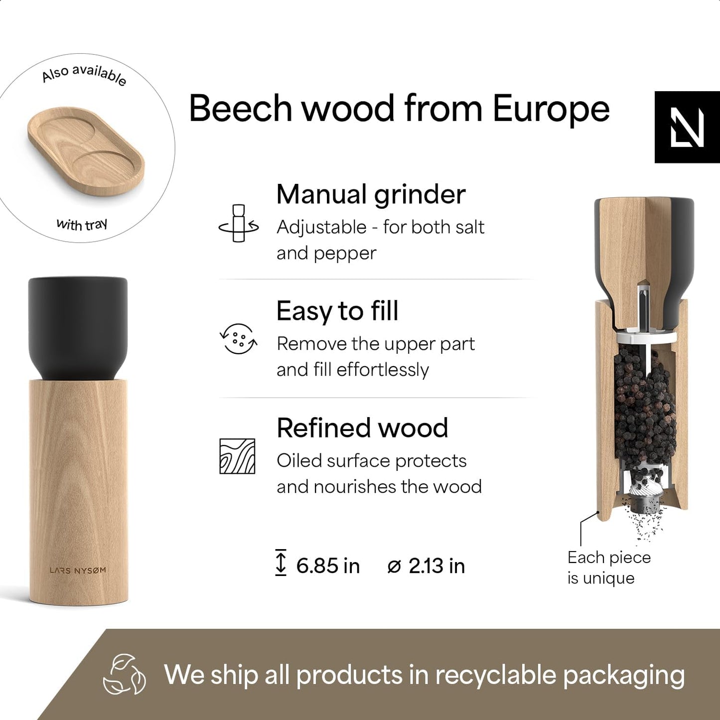 LARS NYSØM Wooden Salt and Pepper Grinder Set Manual - Salt and Pepper Mills with Adjustable Ceramic Grinder - Elegant Beechwood Pepper and Salt Mill Set for Dining Table (Carbon Black)