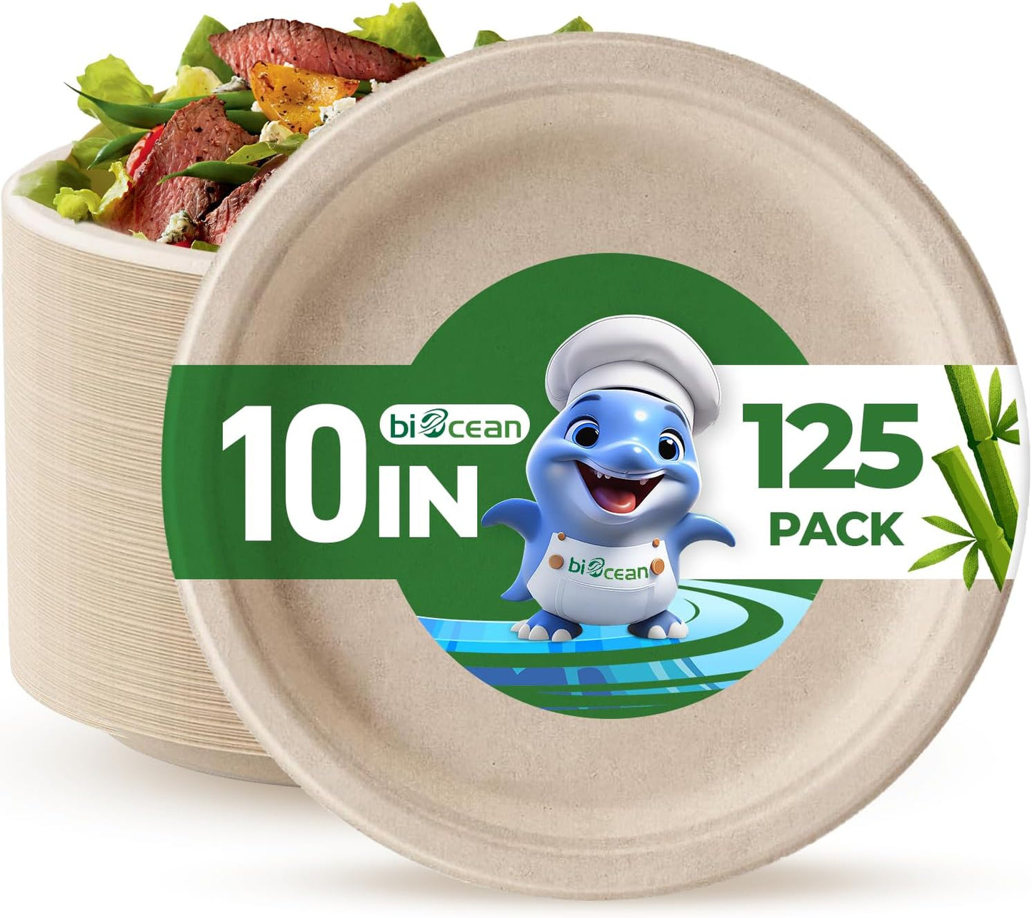 10 Inch Compostable Plates 125 Pack Heavy Duty Compostable Paper Plate, Natural Sugarcane Bagasse Disposable Plates, Brown Biodegradable Plates for Dinner, Party, and Weddings (Round)