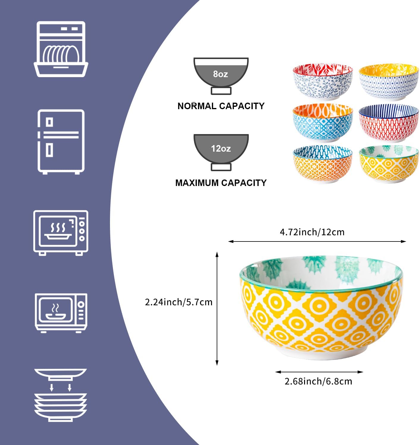 Ceramic Dessert Bowls Set - 11 Oz Porcelain Ice Cream Bowl for kitchen - 4.7 Inch Small Cereal Bowl for Salad, Fruits, Ramen - Microwave Dishwasher Safe - Set of 6 - Assorted Colors