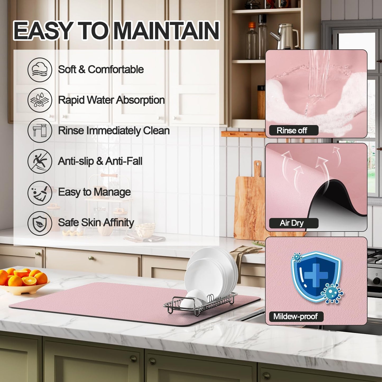 Dish Drying Mat for Kitchen Counter | Coffee Bar Mat for Countertops | Heat Resistant Drainer Mat with Non-slip Rubber Backed | Hide Stain Kitchen Absorbent Draining Mat | Pink 18"x28"