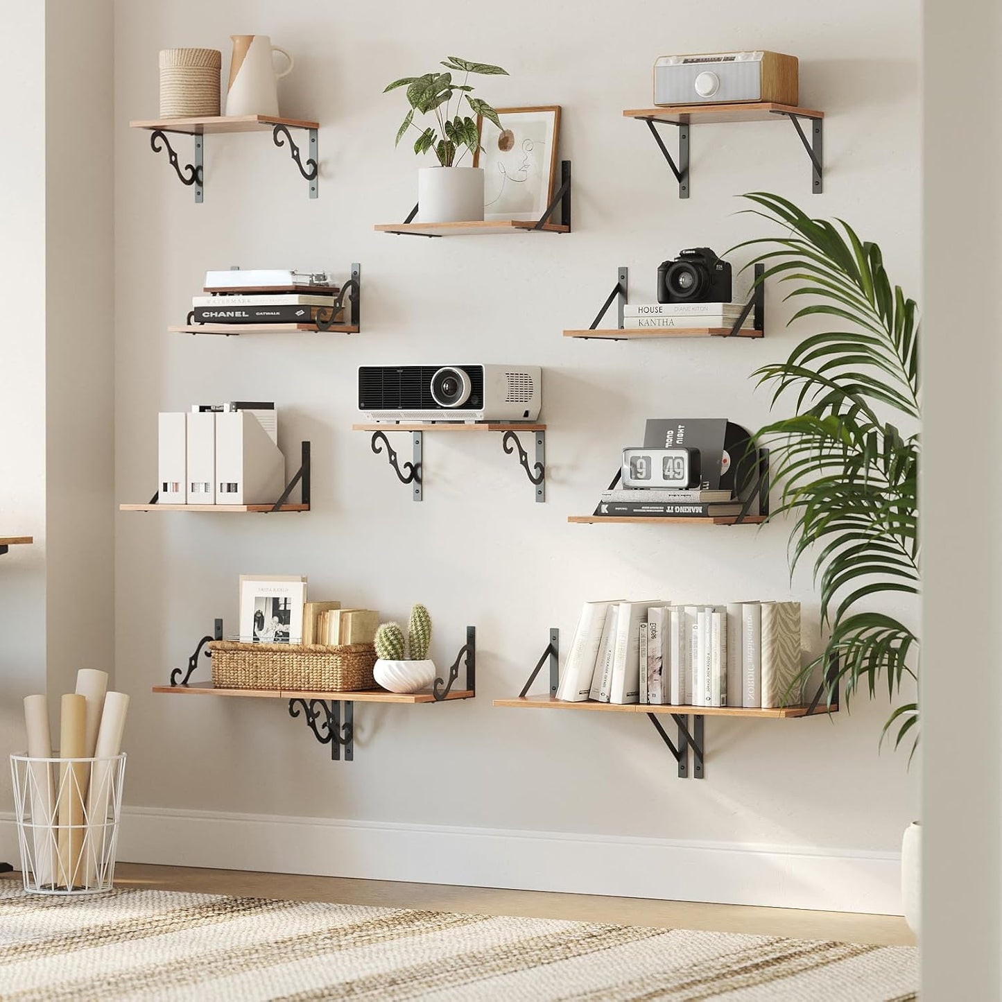 DINZI LVJ Deep Floating Shelves, 16" W x 12" D Wall Shelves Set of 2, Wide Display Shelf Wall Mounted with Brackets, Easy-to-Install Wall Bookshelf for Living Room, Bathroom, Bedroom, Rustic Brown