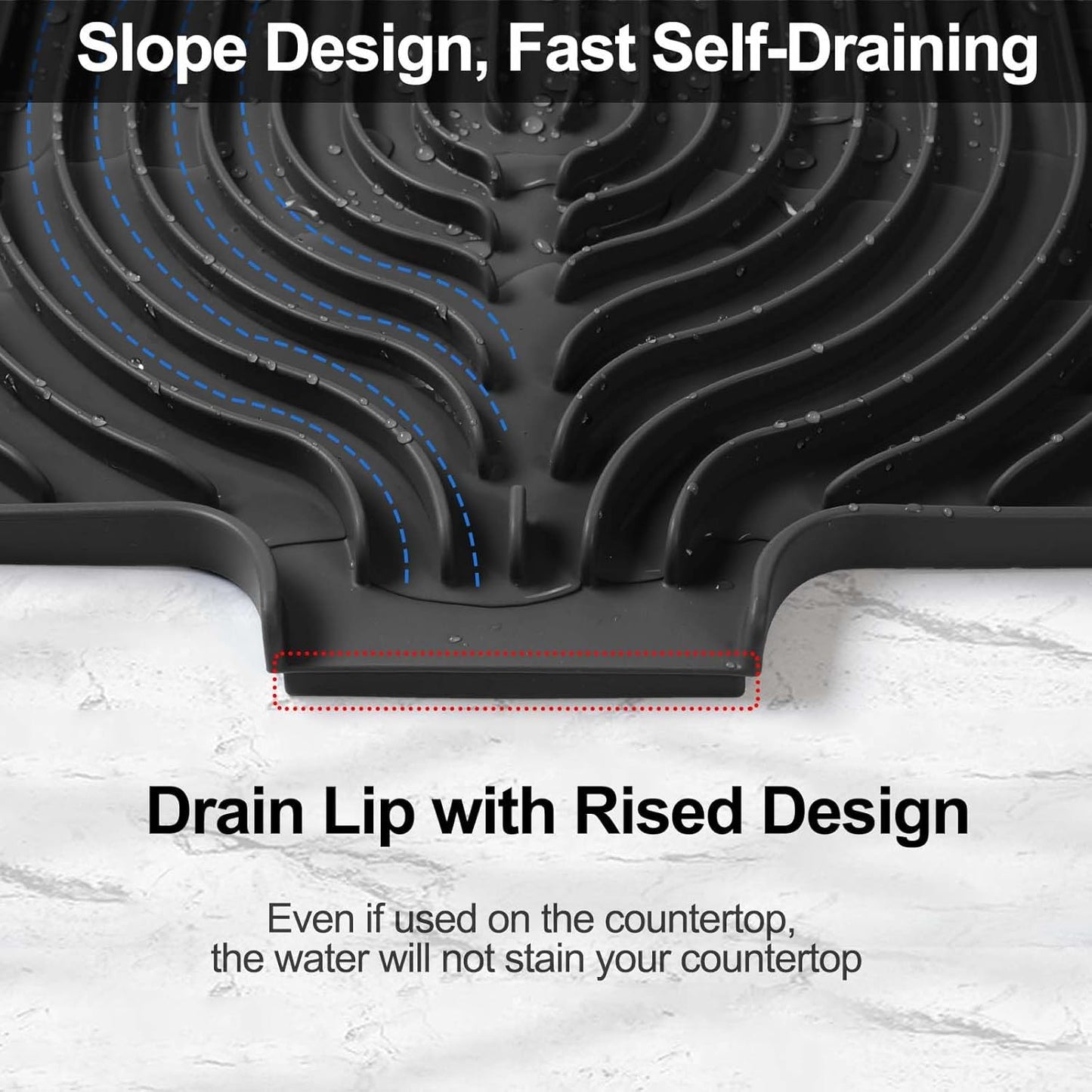 Silicone Dish Drying Mat for Kitchen Counter with Built-in Drain, Easy Clean Pad for Countertop Protection, Fast Self-Draining Slope, Non-Slip, Multiple Use 17.7 x 11.8 Inch (Black)