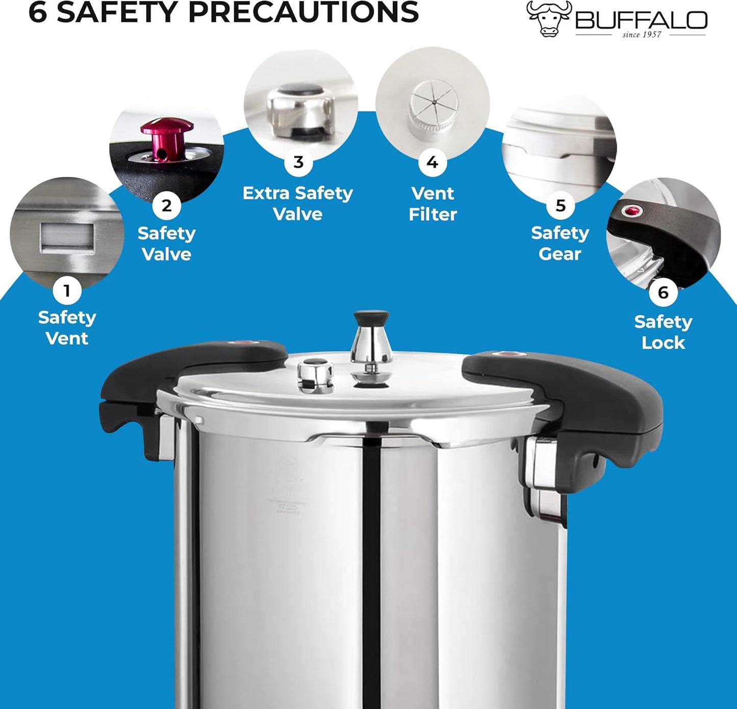 Buffalo Pressure Cooker 21 Qt Stainless Steel - Large Canning Pot with Lid for Home, Commercial Use - Easy to Clean Any Stove Top Pressure Canner, Can Cooker - SG Certificate QCP420