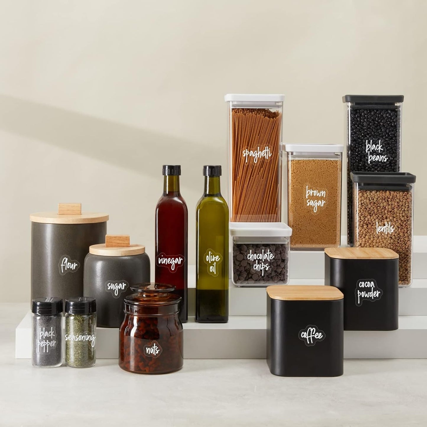 Talented Kitchen Pantry Labels for Containers (375 Pack) - White Script Pantry Stickers for Organizing Food Containers, Jars, Storage, and Bins (Water Resistant)