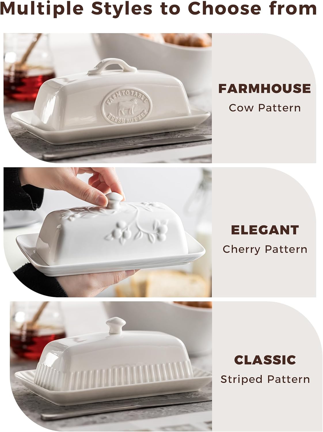 Butter Dish with Lid for Countertop, Ceramic Butter Dish with Knob Handle, Large Butter Holder Container for East West Coast Butter Storage, Cherry