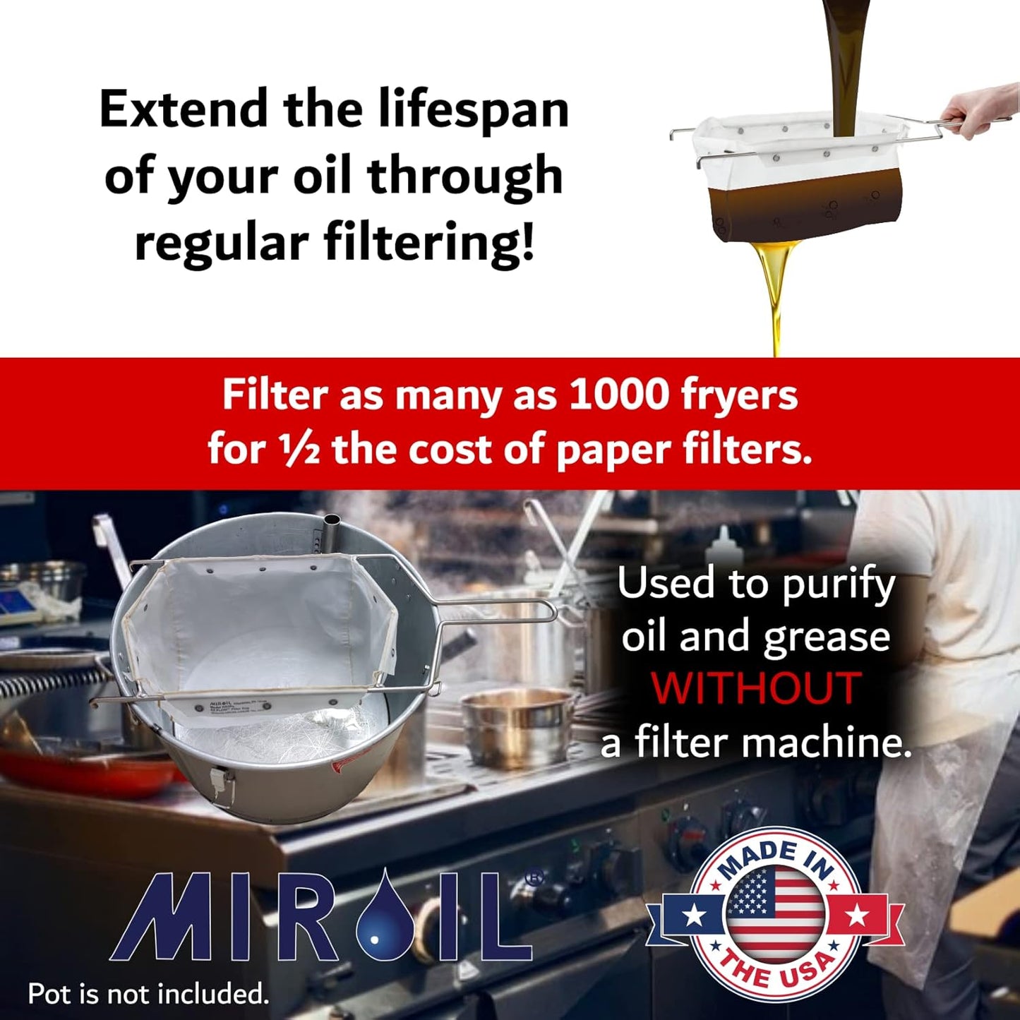 MirOil B6PS Fryer Filter Bag & Frame Combo, Extends Grease Life, Handles Hot & Cold Cooking Oil & Filters Up to 70 Lb. Polishing Oil, Maintain Quality & Taste of Fried Foods, Reduce Grease Contaminant