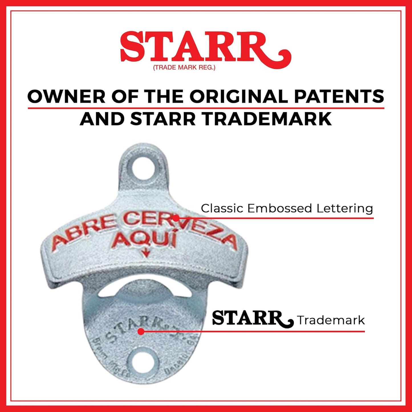 STARR "X" Plain Wall Mounted Bottle Opener | Classic Beer Bottle Opener for Home Bar, Kitchen, Patio, or Man Cave | Easy Cap Removal, Zinc Plated Cast Iron