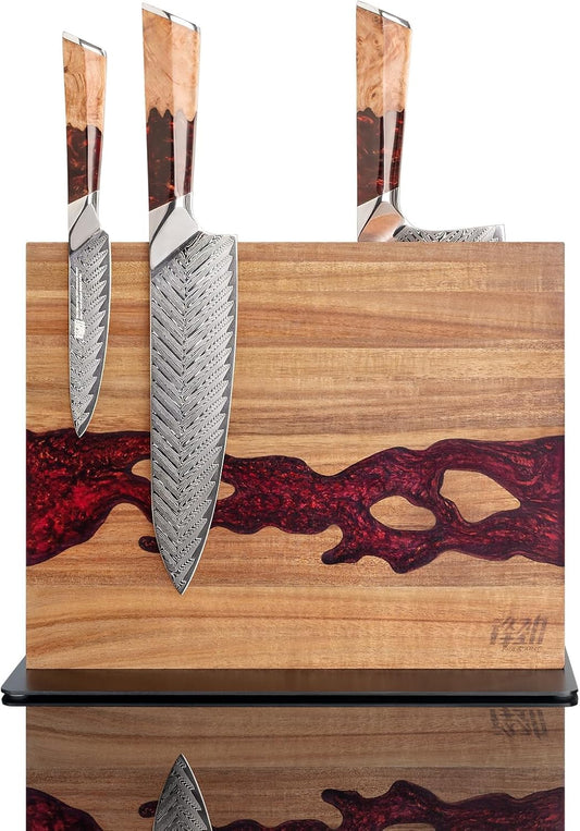 FINDKING Magnetic Knife Block, Double Sided Holder, Powerful Magnet Kitchen Storage, Acacia Wood and Red Resin (12 x 10 Inches, Without Knives)