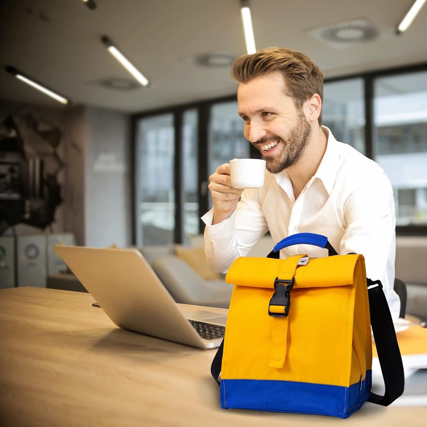 SUNNY BIRD Insulated Lunch Bag Rolltop Lunch Box Tote Lunchbox Bag for Women, Men, Boys and Girls (Yellow)