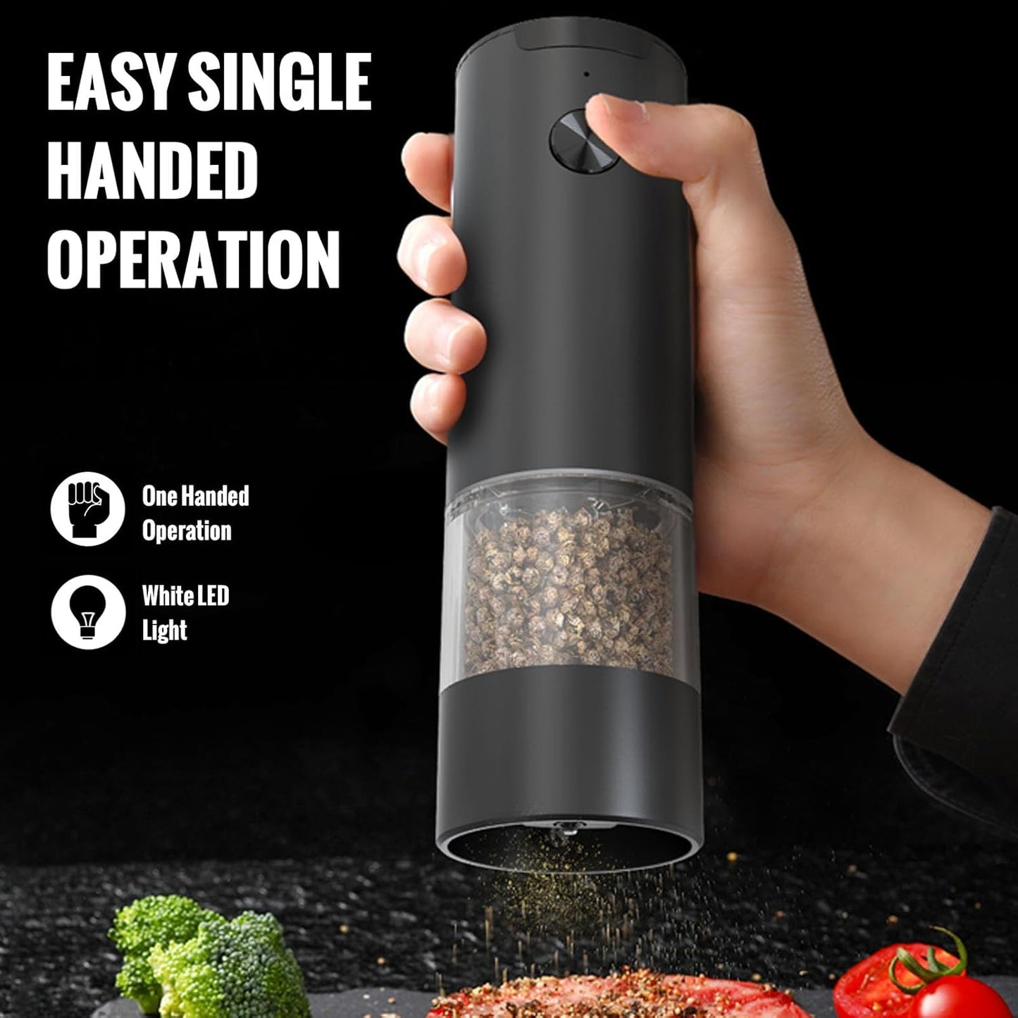 Electric Pepper Grinder or Salt Mill, Battery Operated Automatic Pepper Mill with LED Light, One-handed Operation Button Control, Adjustable Coarseness, Refillable, 70ml, Black (1 Pack)