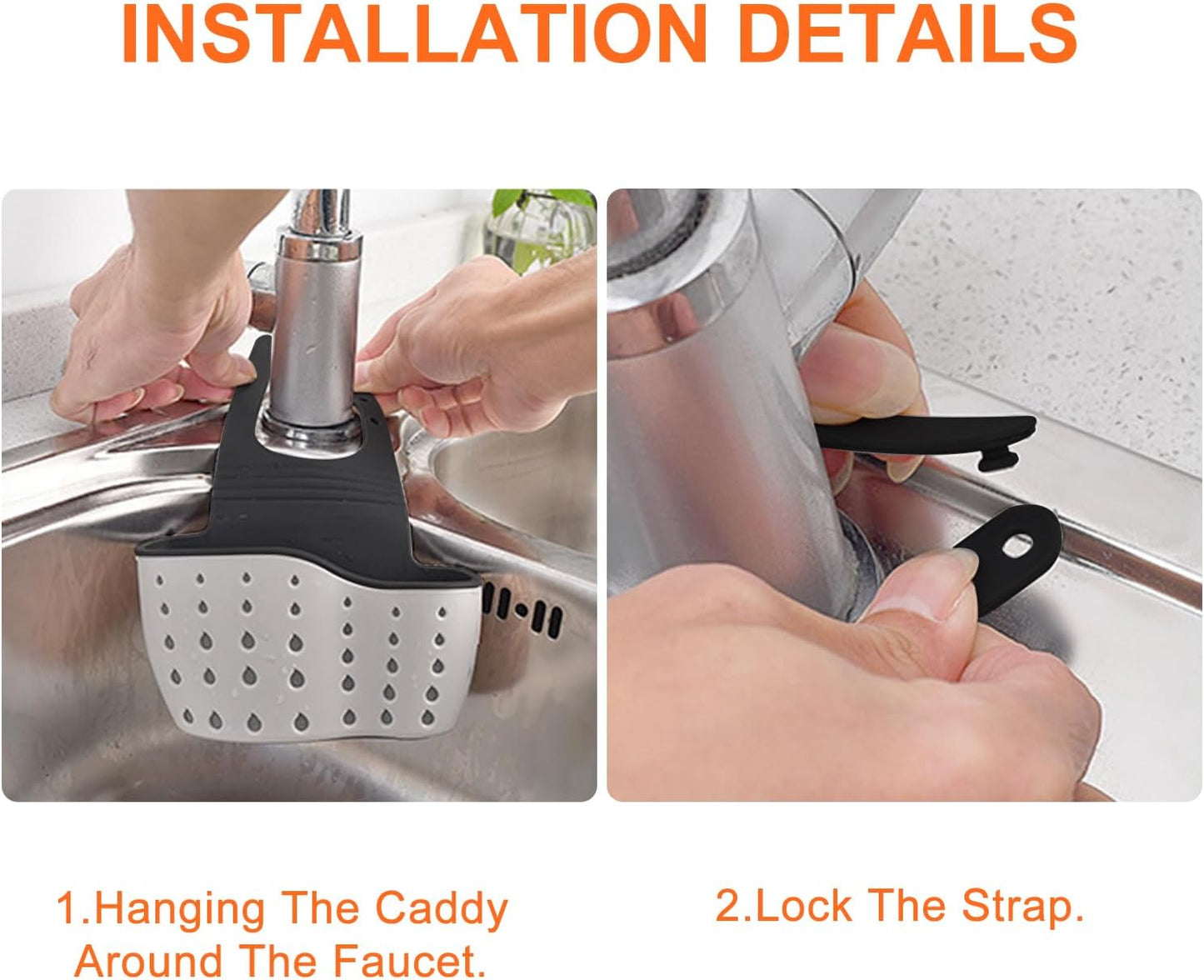 Kitchen Sink Caddy Sponge Holder for Organizer Dish Soap Holder Hanging Ajustable Strap Faucet Caddy with Drain Holes for Drying, Kitchen Sink Accessories (2 pcs)