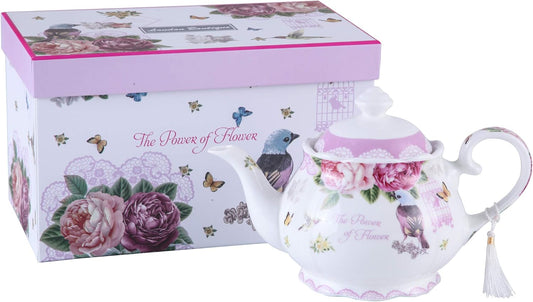 London Boutique Porcelain Teapot Sugar Bowl and Cream Milk Jug Shabby Chic Vintage Floral in Gift box 40oz (Teapot Bird Rose Butterfly)