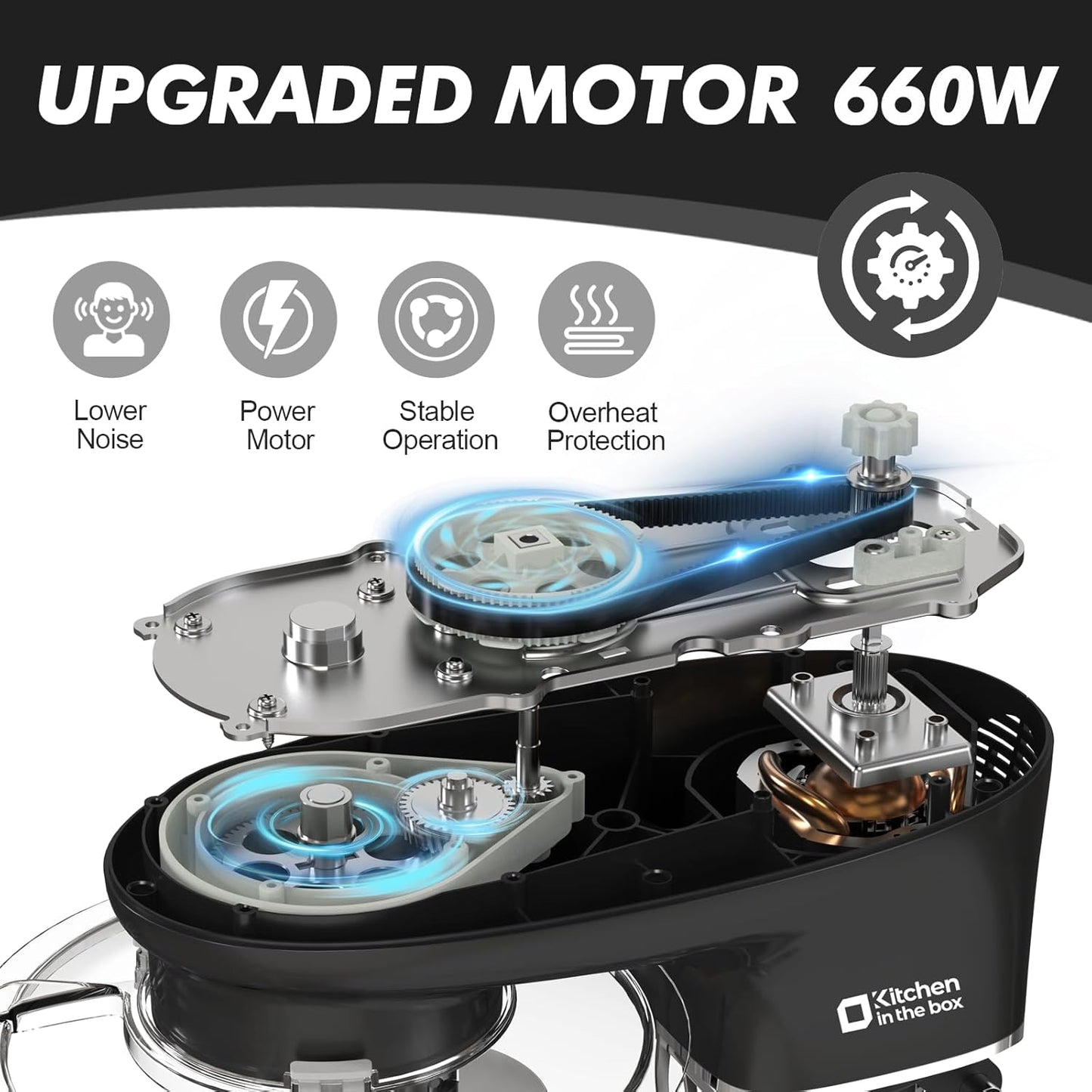 Kitchen in the box Stand Mixer, 6.5QT 660W Electric Kitchen Mixer, 6-Speed Tilt-Head Food Mixer with Dough Hook, Wire Whip, Beater, Dishwasher Safe (Black)