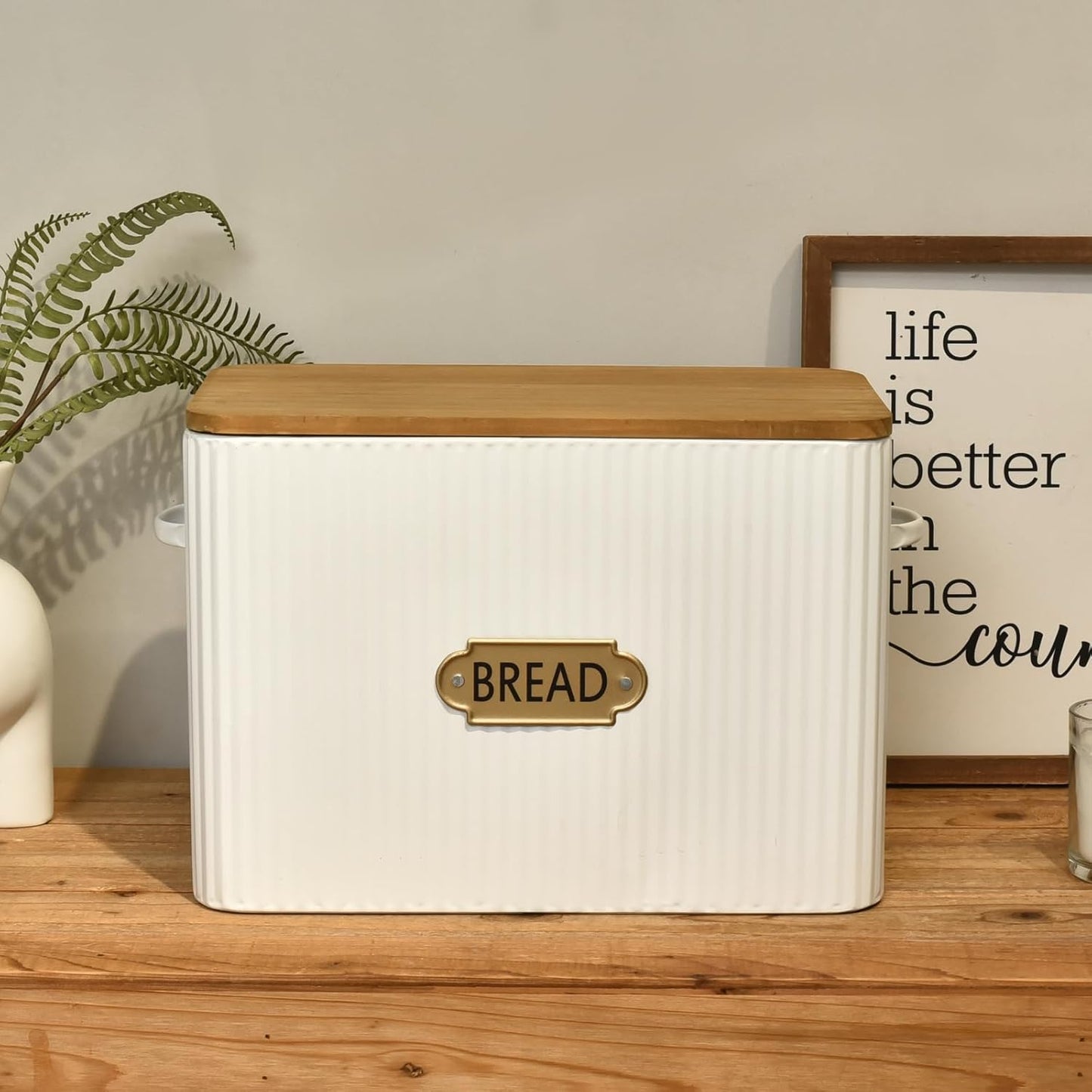 Vertical Stripes Extra Large Space Saving Farmhouse Bread Box with Wood Lid - Holds 2 Loaves - White Vertical Breadbox Bread Storage Bin Holder for Kitchen Countertop
