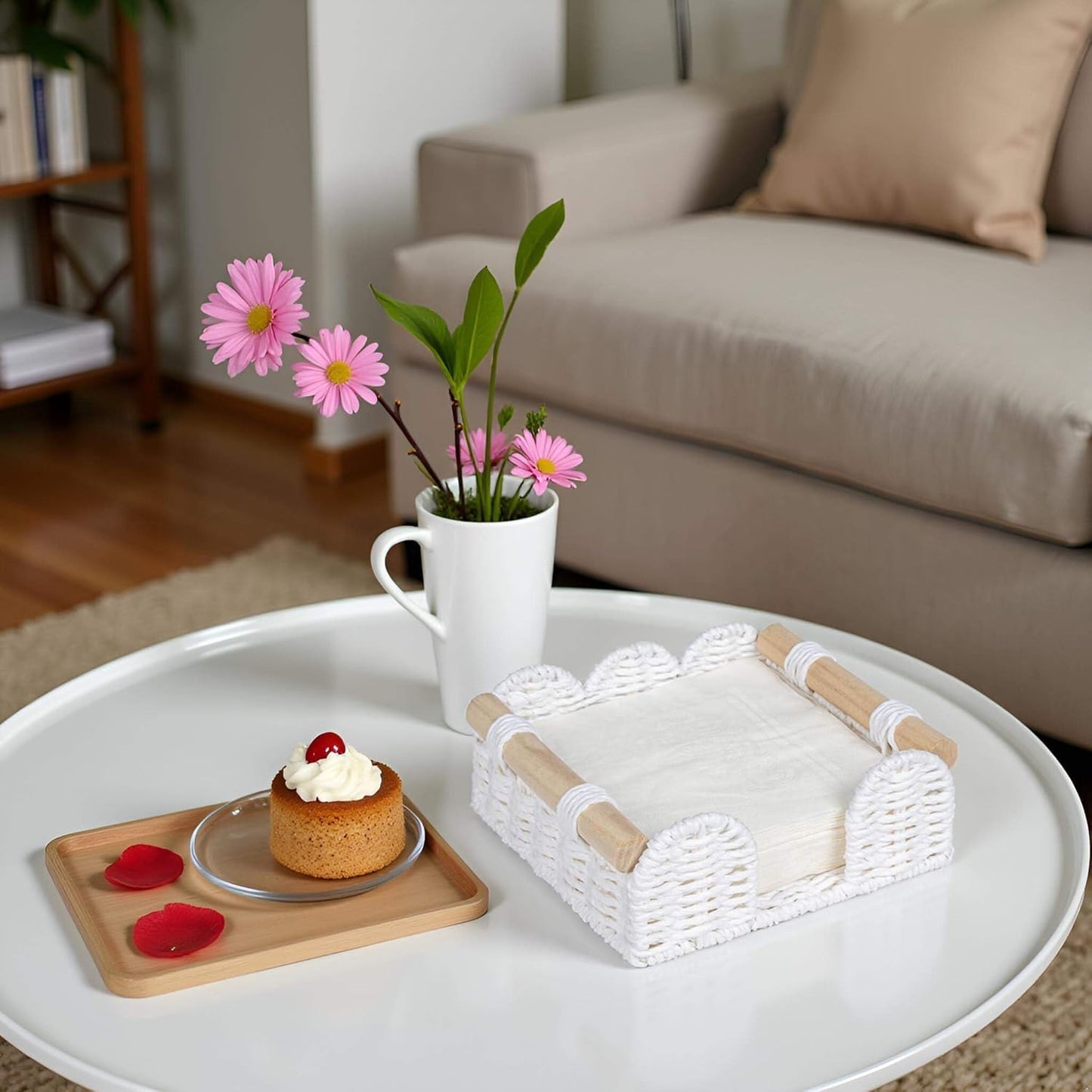 CubesLand Scalloped Napkin Holder for Table, Farmhouse Warming Home Kitchen Decor, Paper Rope Flat Napkin Dispenser Guest Towel Tray for Bathroom, Disposable Napkin Basket for Dining Table, White