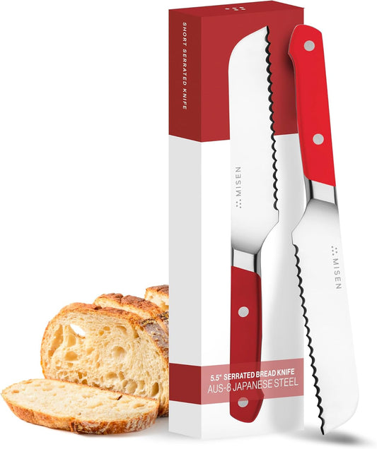 Misen Serrated Bread Knife – High-Carbon Japanese AUS8 Steel – Effortless Slicing of Bread, Pastries, and Fruits – Razor-Sharp Edge and Durable Blade with Ergonomic Handle - 5", Red