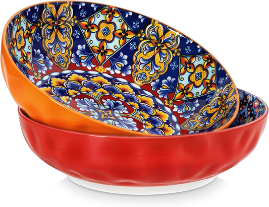 vancasso Large Serving Bowls, 78 Oz Extra Large Salad Bowls Set of 2, Bohemian Decorative Bowls for Salad, Fruit, Pasta and Dinner, Serving Dishes Set for Party, Dishwasher & Microwave Safe－Red