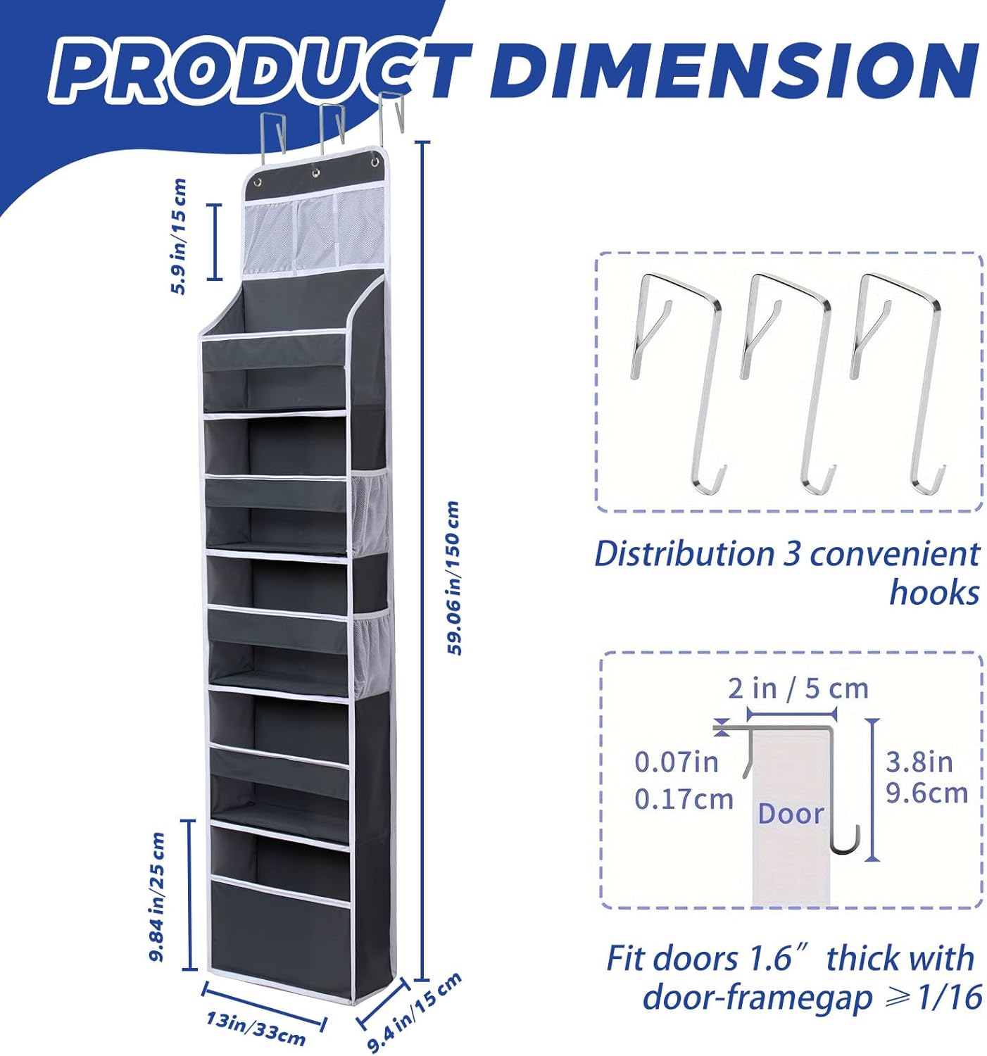 Over The Door Organizer - 6 Capacity Large Pockets & 7 Mesh Compartments, Anti-Tilt Design Holds 44 lbs, for Bathroom, Nursery, Dorm, Pantry & Laundry Storage (Deep Grey)