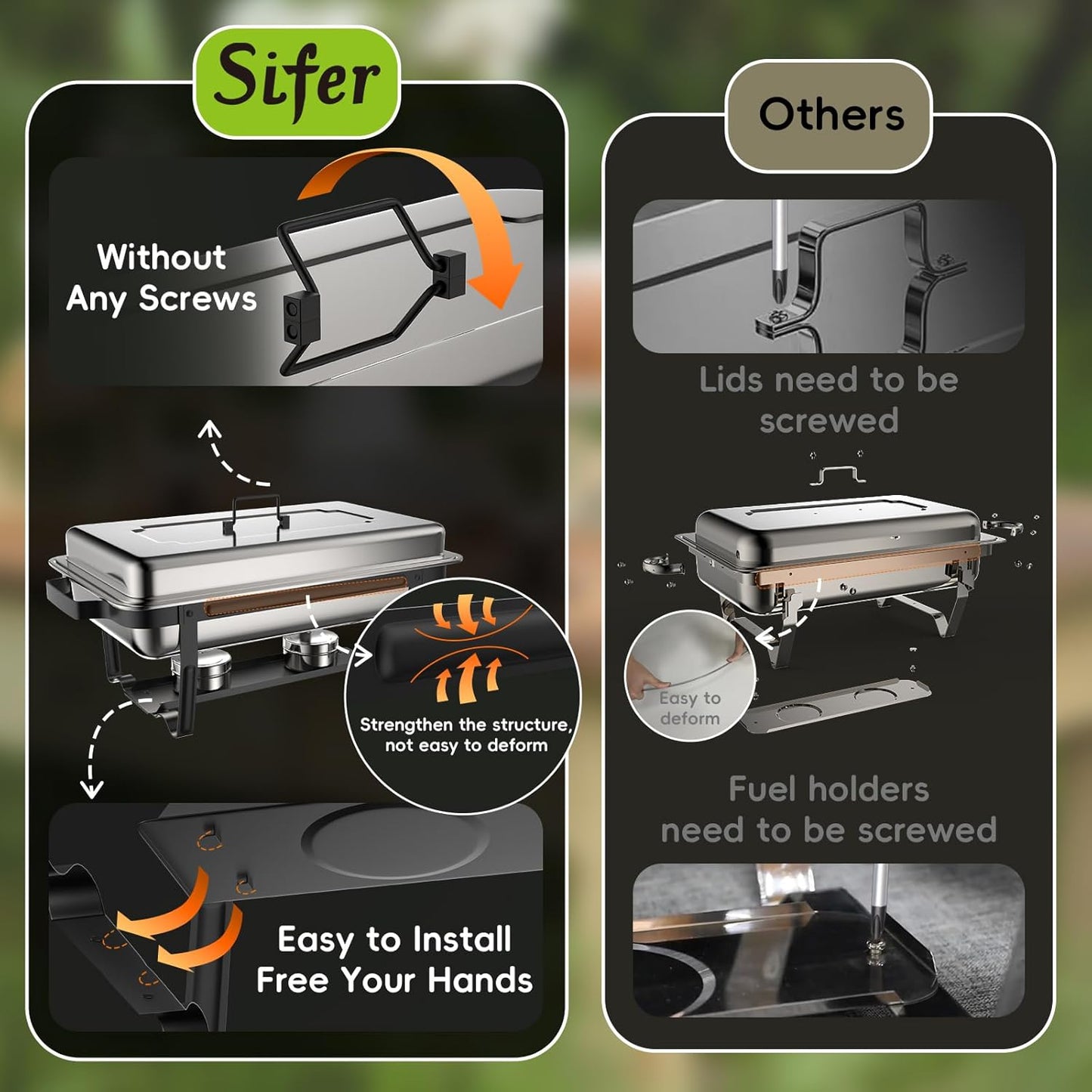 sifer 9Qt 4Pack [Multi-Size] Chafing Dish for Buffet | 80% Faster Screwless Assembly & Stackable Design for Wedding/Home/Christmas Buffets, Black