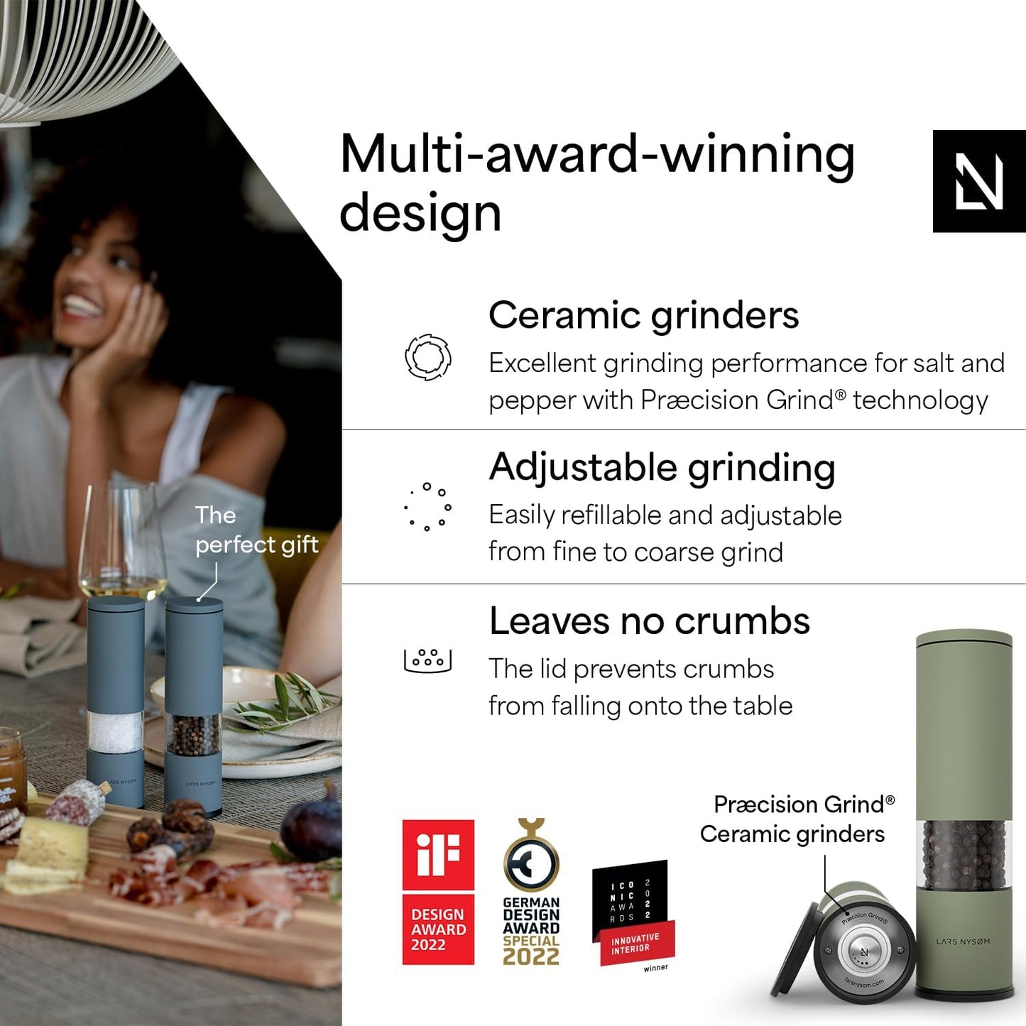 LARS NYSØM Salt and Pepper Grinder Set Manual, Stainless Steel Salt and Pepper Mills with Adjustable Ceramic Grinder I Design Spice Shakers (Sage Green)