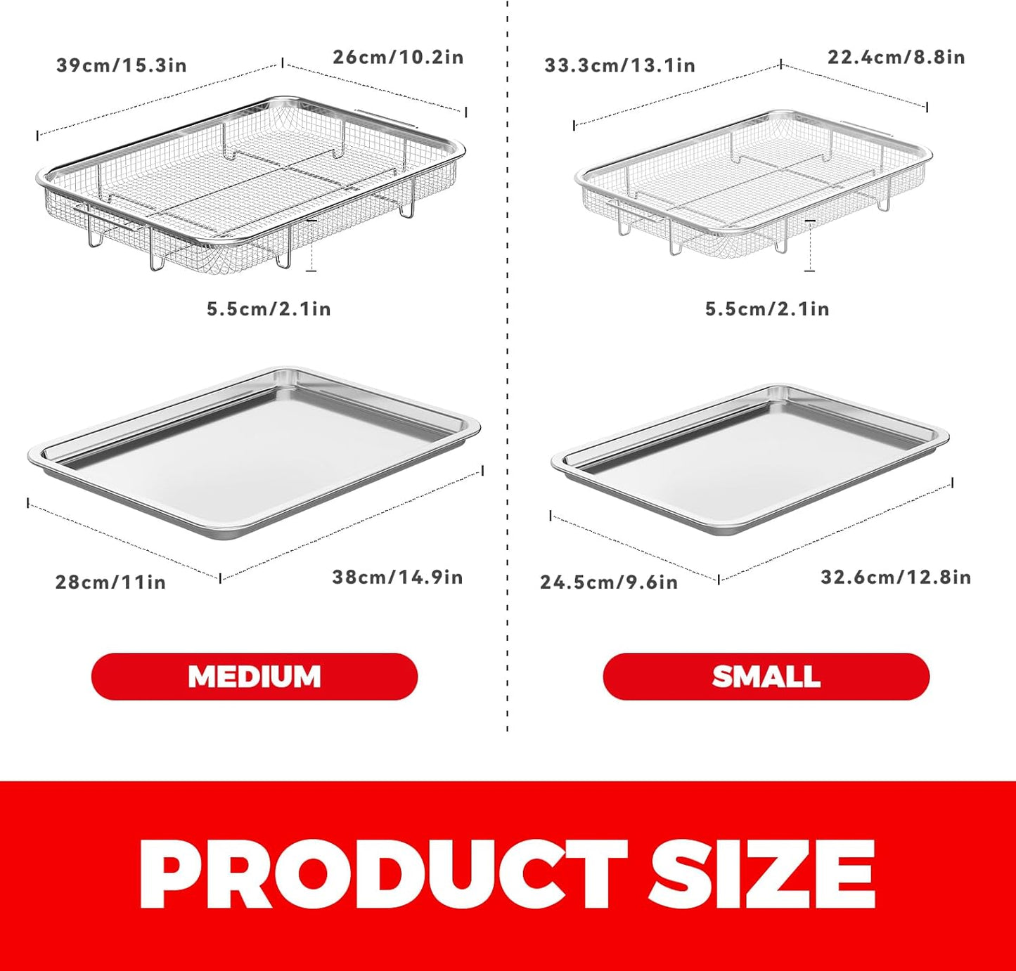 Air Fryer Basket for Oven, Air Fryer Basket and Stainless Steel Baking Tray Pant Oven Air Fryer Pan Rack for Cooking Baking Dishwasher and Broiling (13.1"x9.6" & 15.3"x11.1")