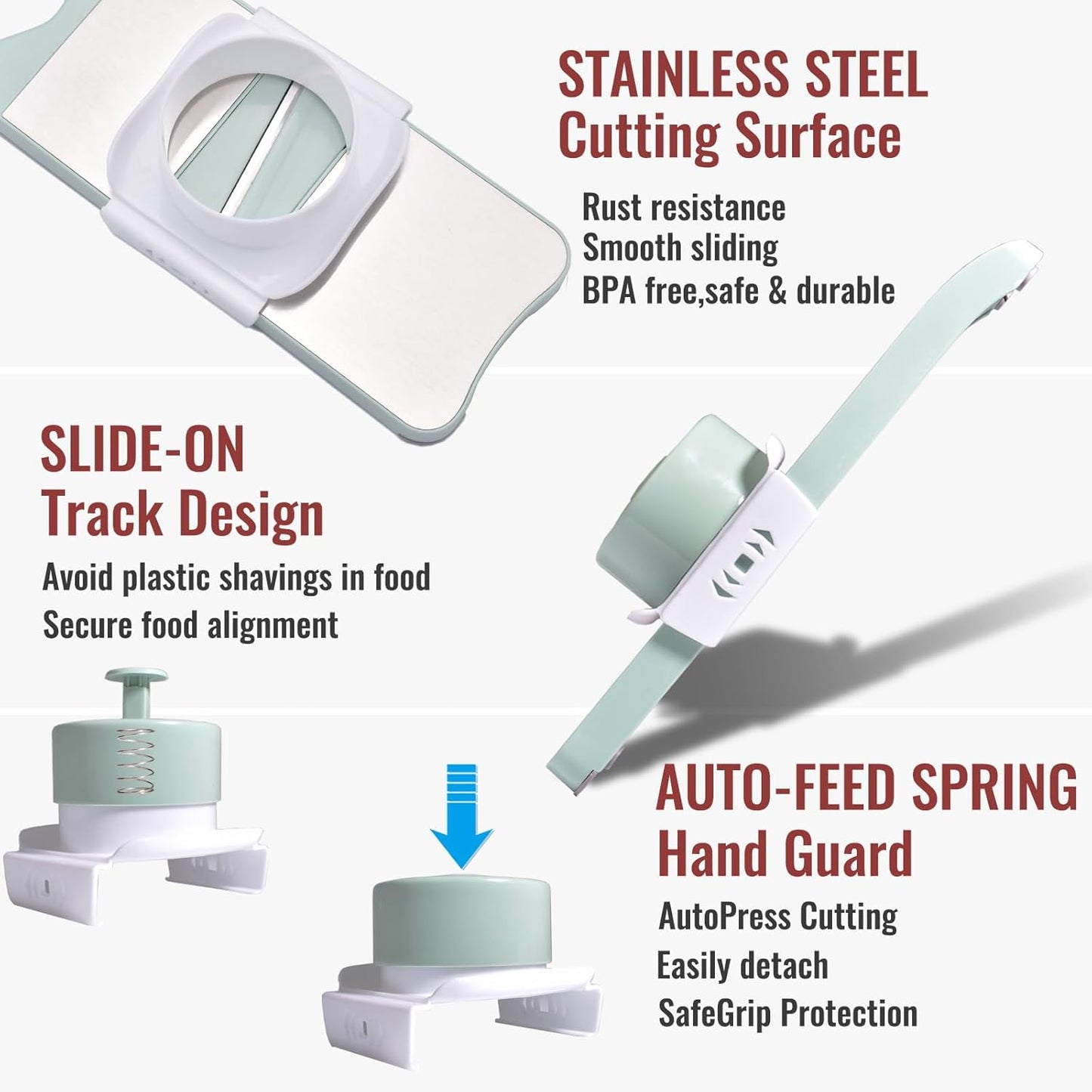 Multi-Purpose Mandoline Slicer with Slide-On Hand Guard - Vegetable Chopper, Potato/Onion/Garlic Slicer, Kitchen Grater(Multi-Color) (Seafoam green, 5-in-1)