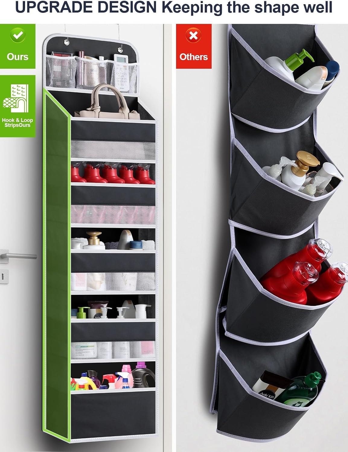 Over the Door Organizer Storage - 6 Tier Hanging Storage shelves Door Organizer with Pockets, Anti Tilt 44 lb Load Behind Door Organizer for Bedroom,Nursery,Bathroom,Kitchen,Dorm,Shoe - 1 Pack, Black