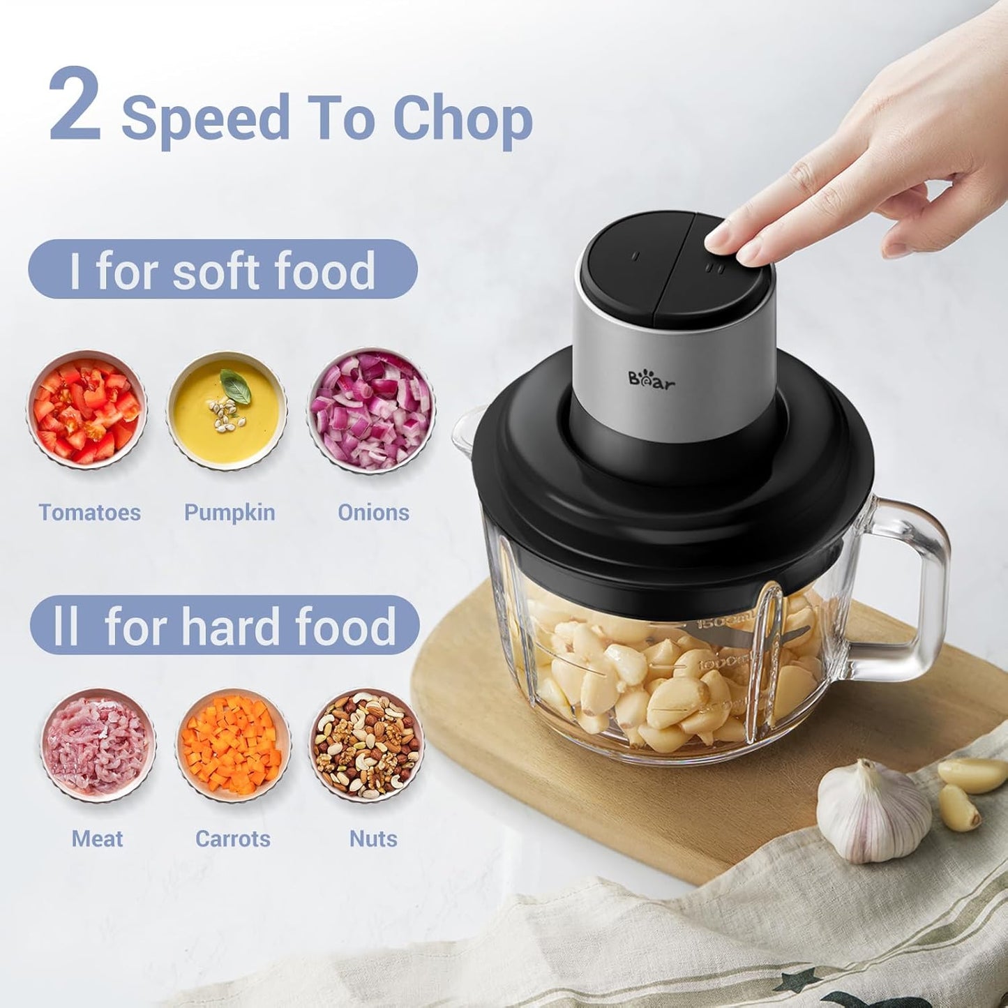 Bear Food Processor, Electric Food Chopper with 8 Cup/2L Handheld Glass Bowls, No-Hole 4 Bi-level Stainless Steel Blades for Easy Cleaning, 2 speed 250W Power Motor Grinder for Meat, and Baby Food