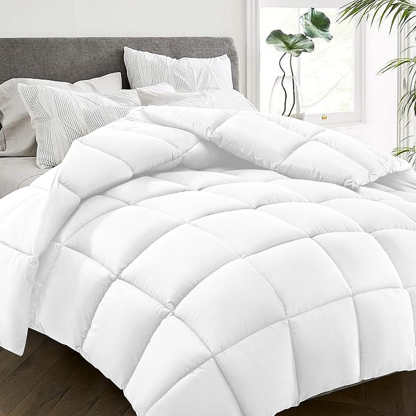 HYLEORY All Season California King Size Bed Comforter - Cooling Goose Down Alternative Quilted Duvet Insert with Corner Tabs - Winter Warm - Machine Washable - White